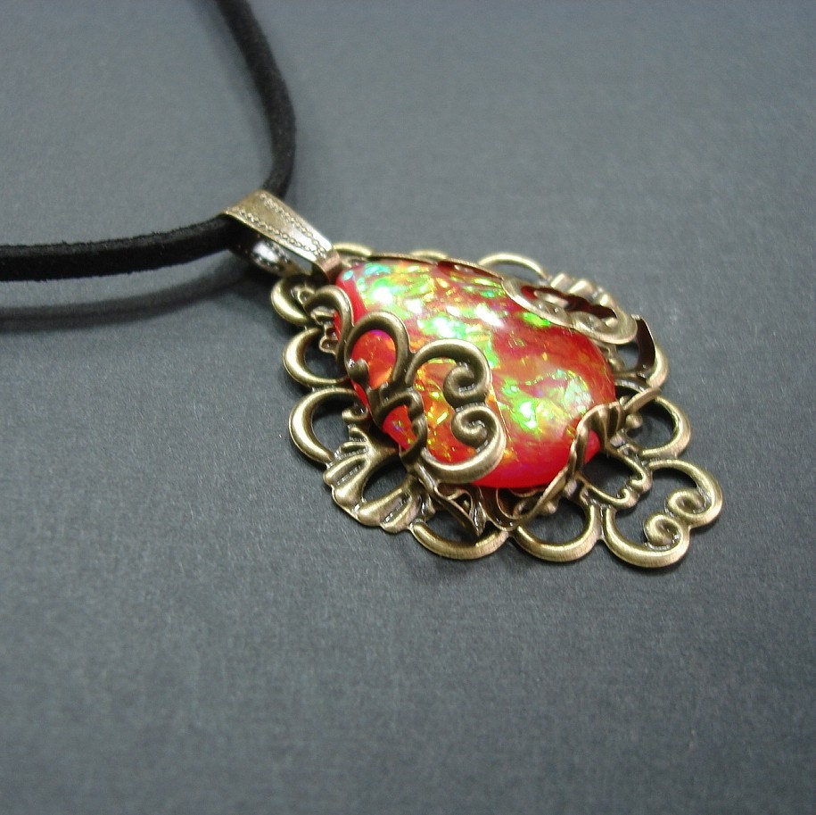 Fire Opal Lucite Teardrop Cabochon Filigree Wraped Suede Cord Necklace.