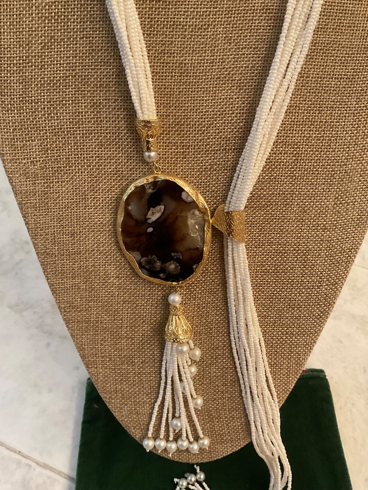 Handmade Necklace w/Long String of Pearls/Gold Plated w/STONE UNIQUE/from TURKEY