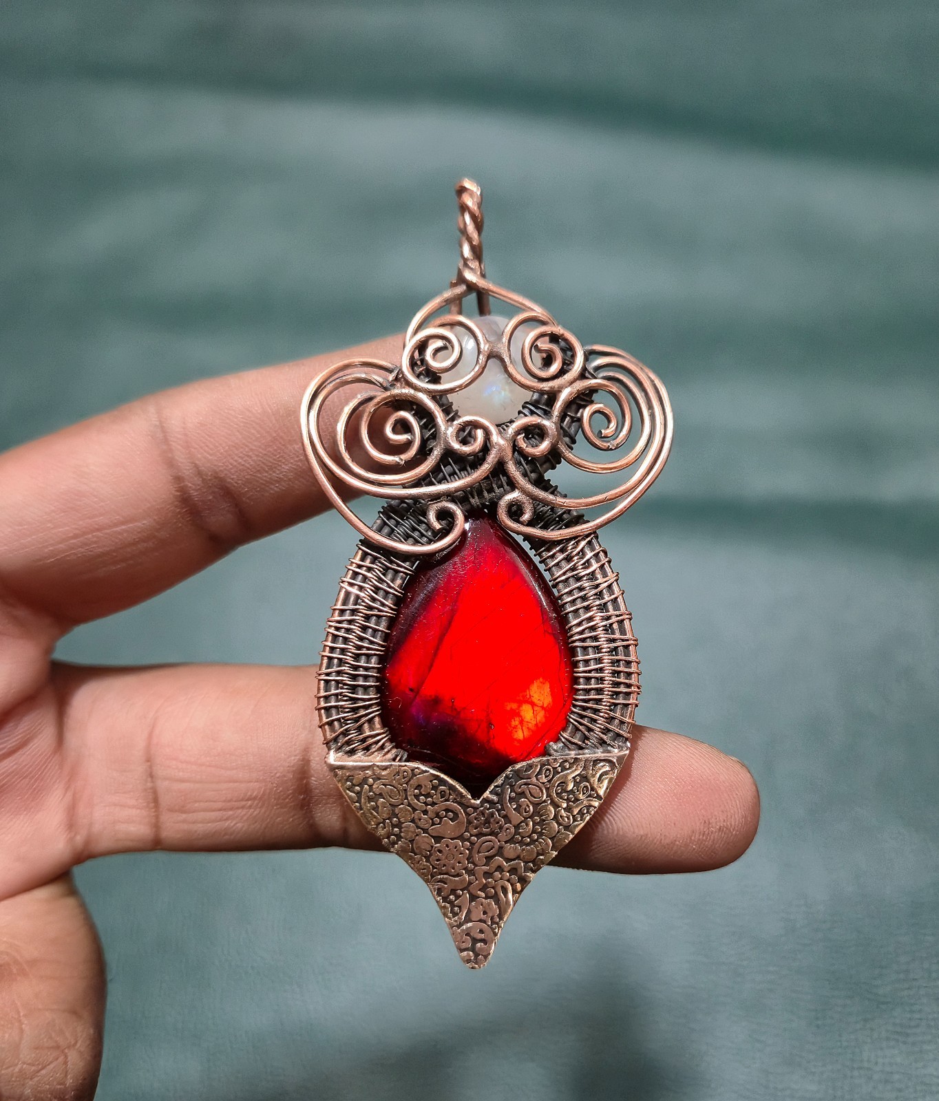 Red Labradorite & Moonstone Pendant Wire Wrapped Handmade Jewelry