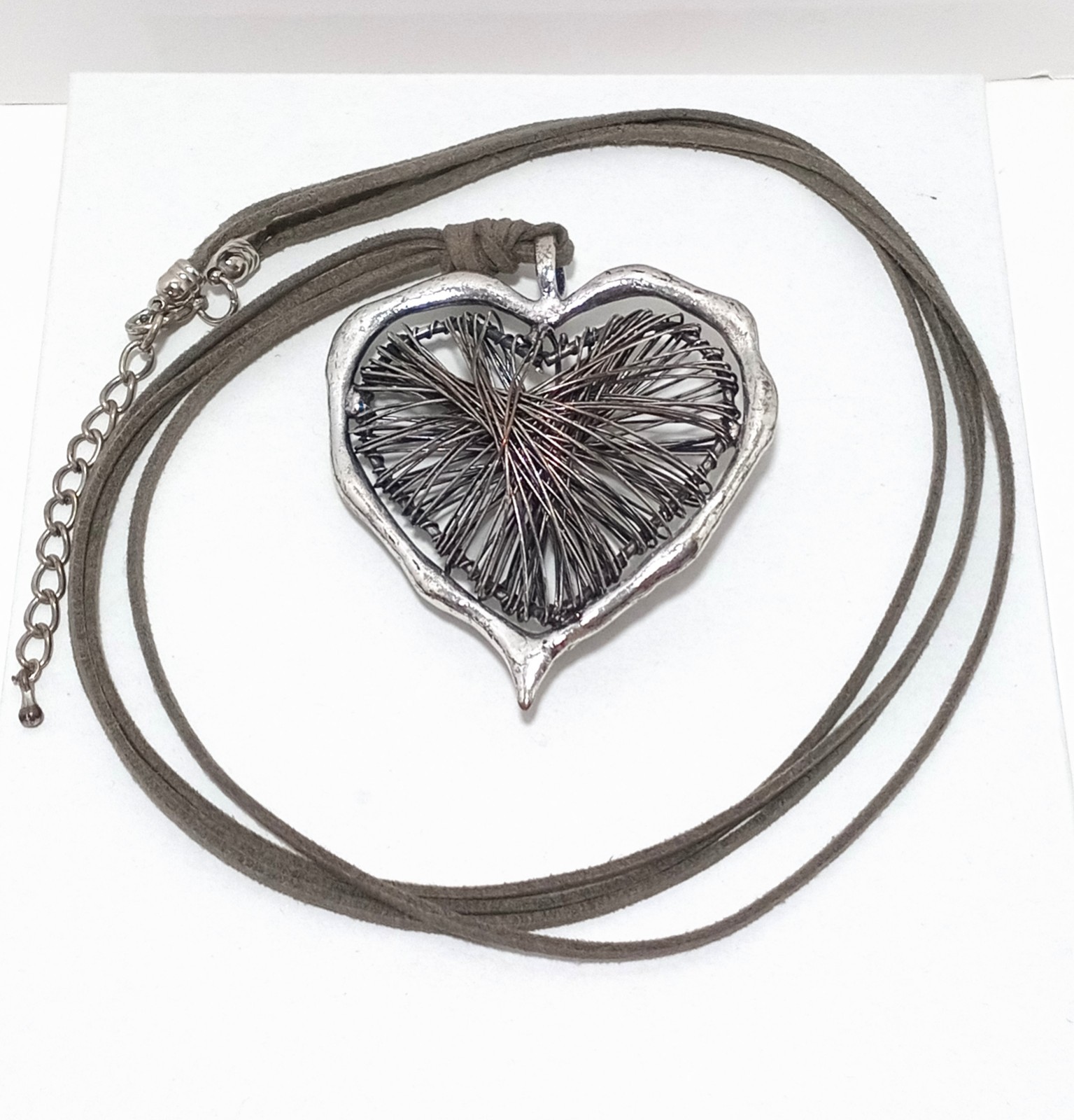 Oversized Wire Wrapped Heart Pendant Necklace Silver Gray Leather Cord