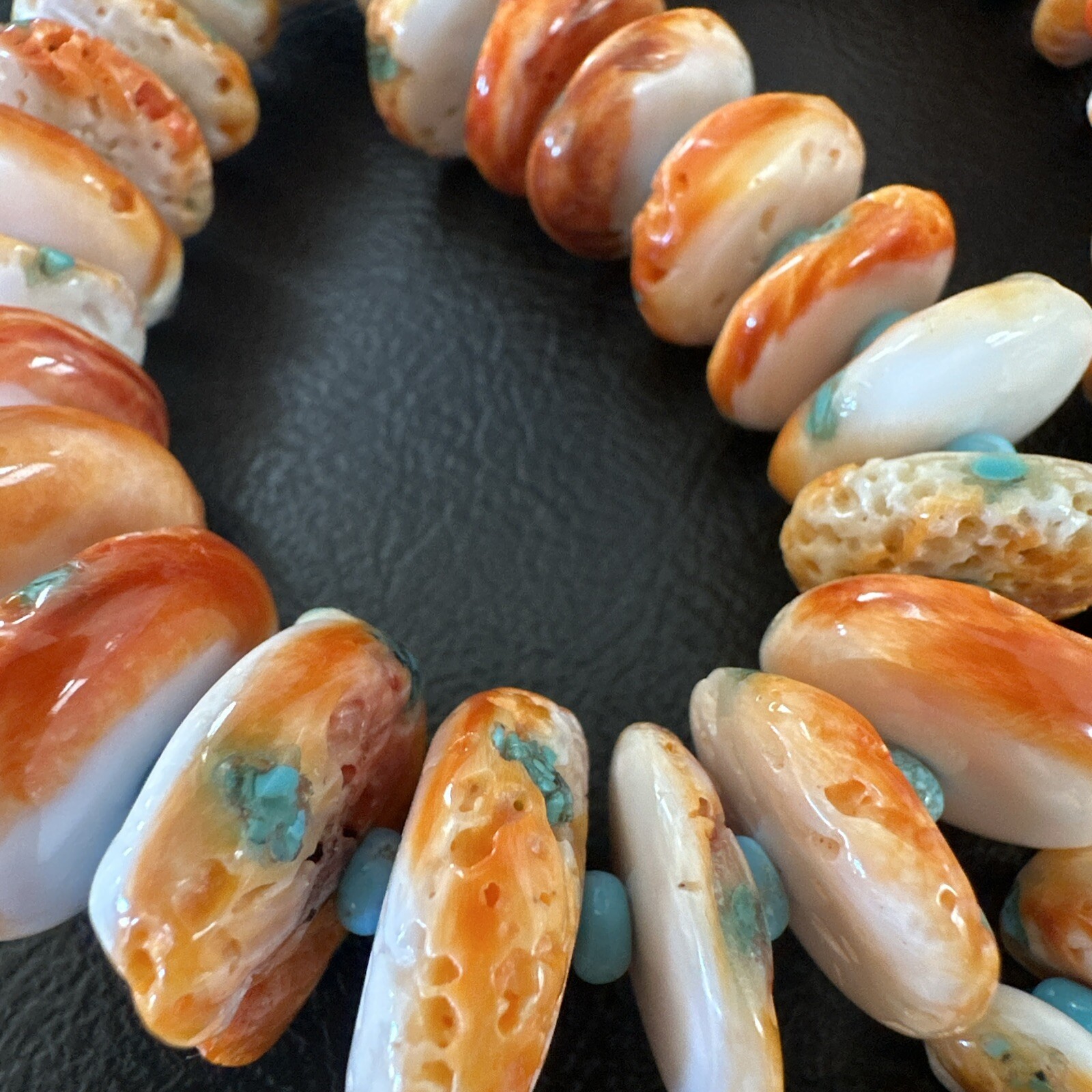 Orange Spiny Oyster Blue Turquoise Navajo Sterling Silver Necklace 23″ 18087