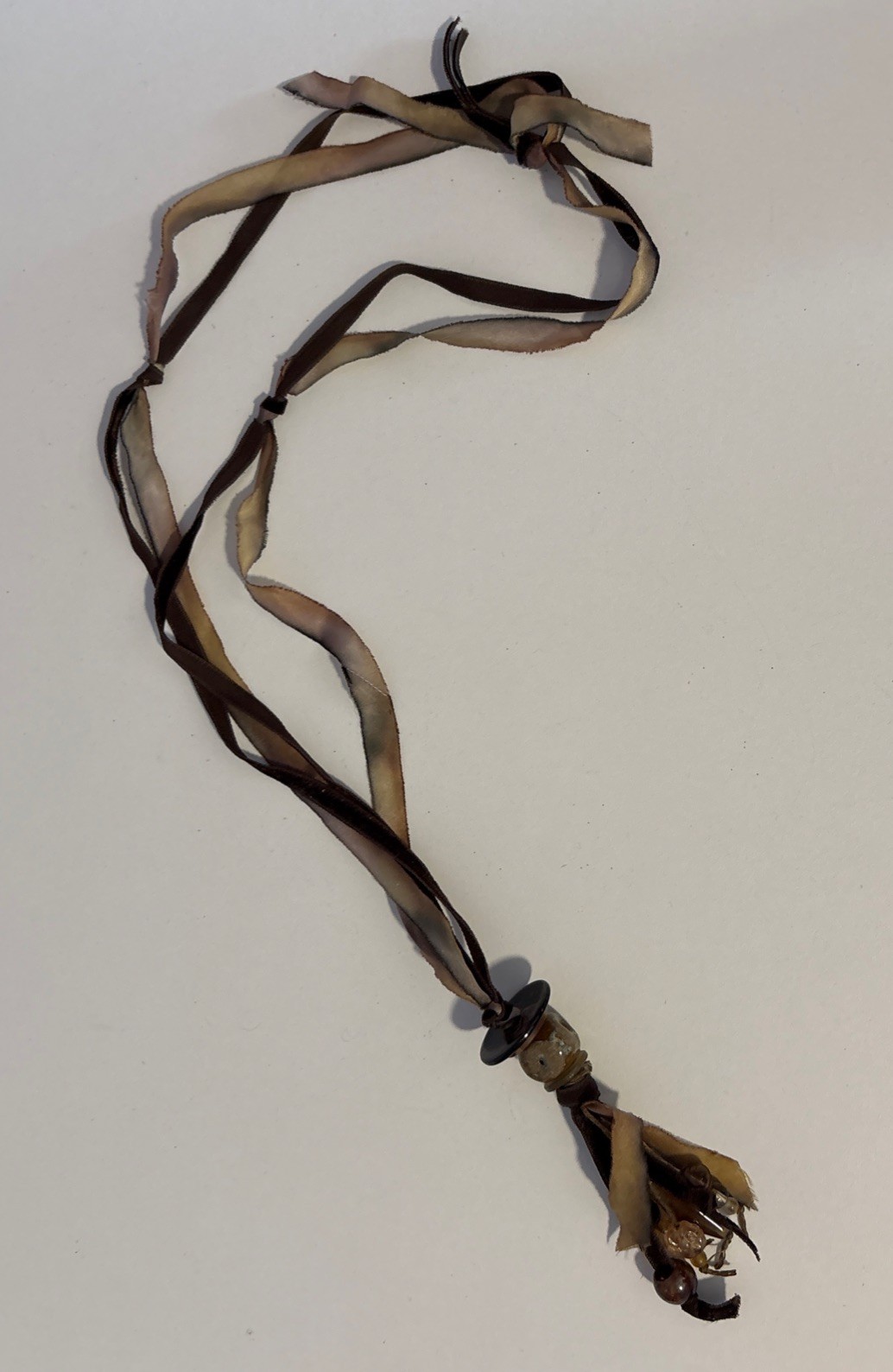 Artisan Silk Ribbon Necklace Ceramic Glass Beads Boho Statement 32”L 20” Drop