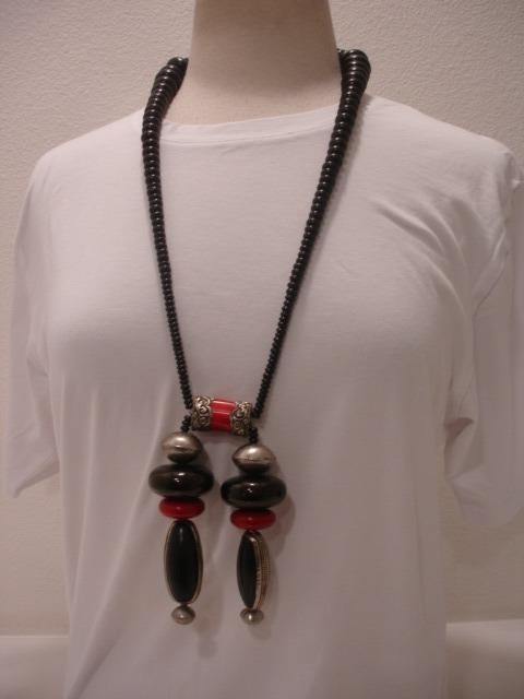 Emilio Lobato Handmade Necklace Folk Art Jet Coral Beaded Tibetan Silver Black