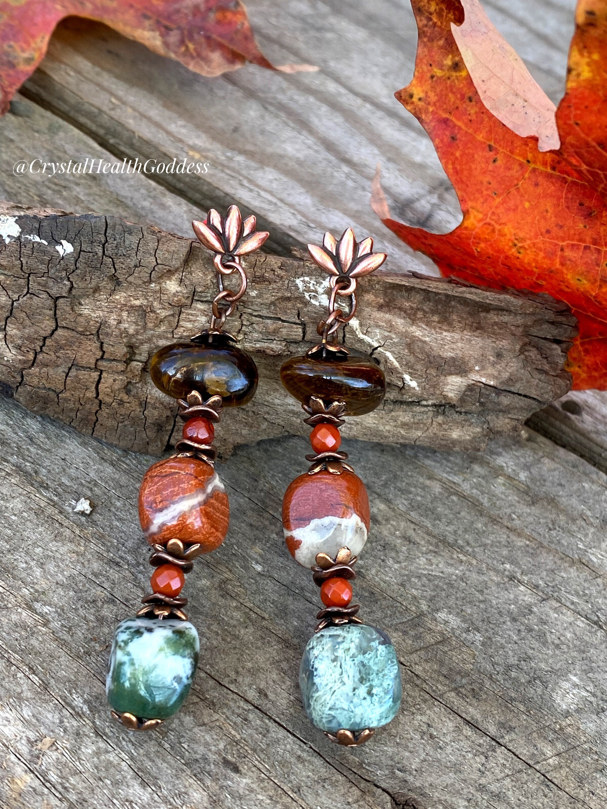 Red Autumn Multi-Gemstone Statement Jewelry Set Necklace + Bracelet + Earrings