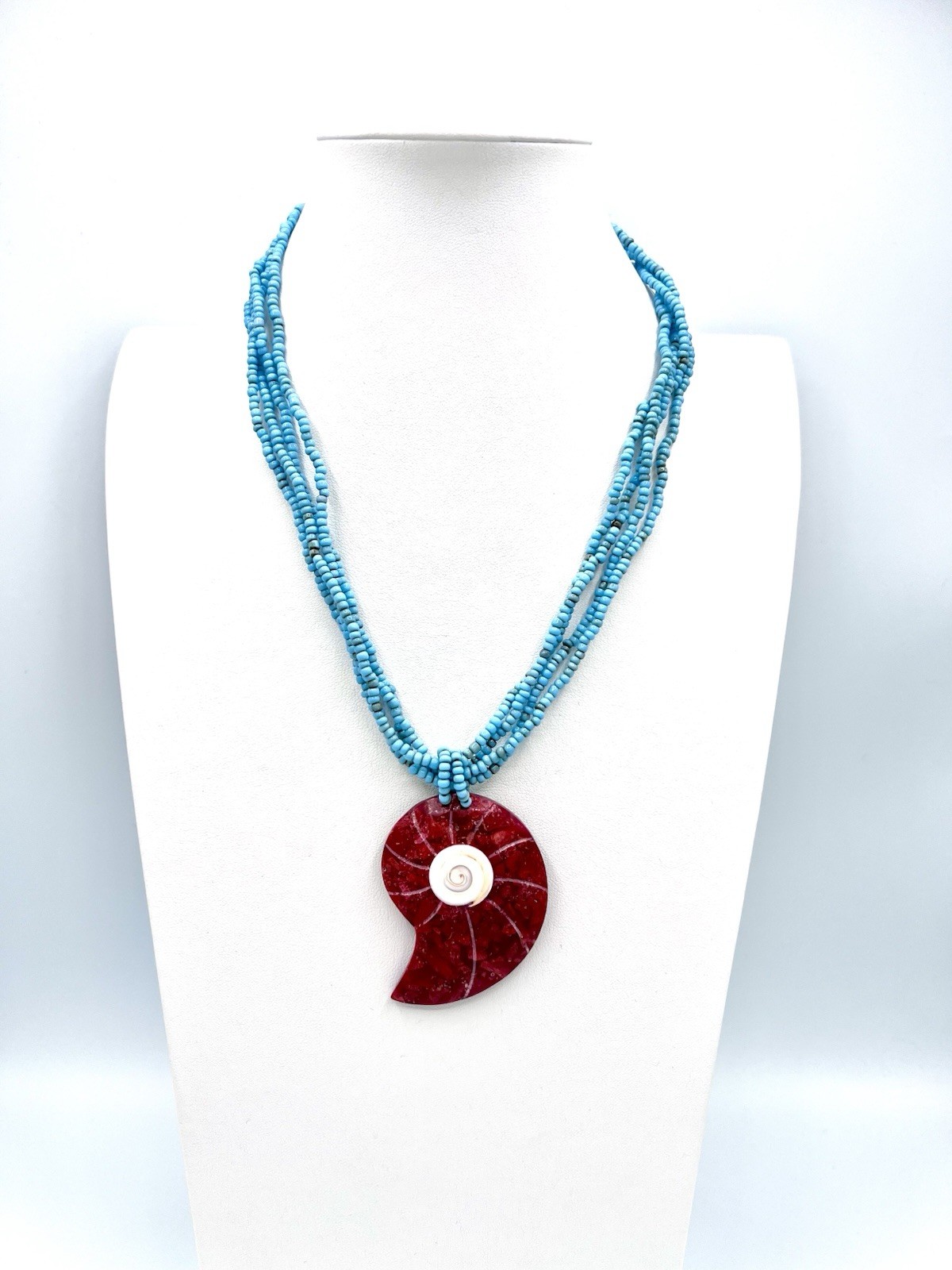 Turquoise Bead Necklace Red Coral Nautilus Shell Pendant Boho Southwestern 22”