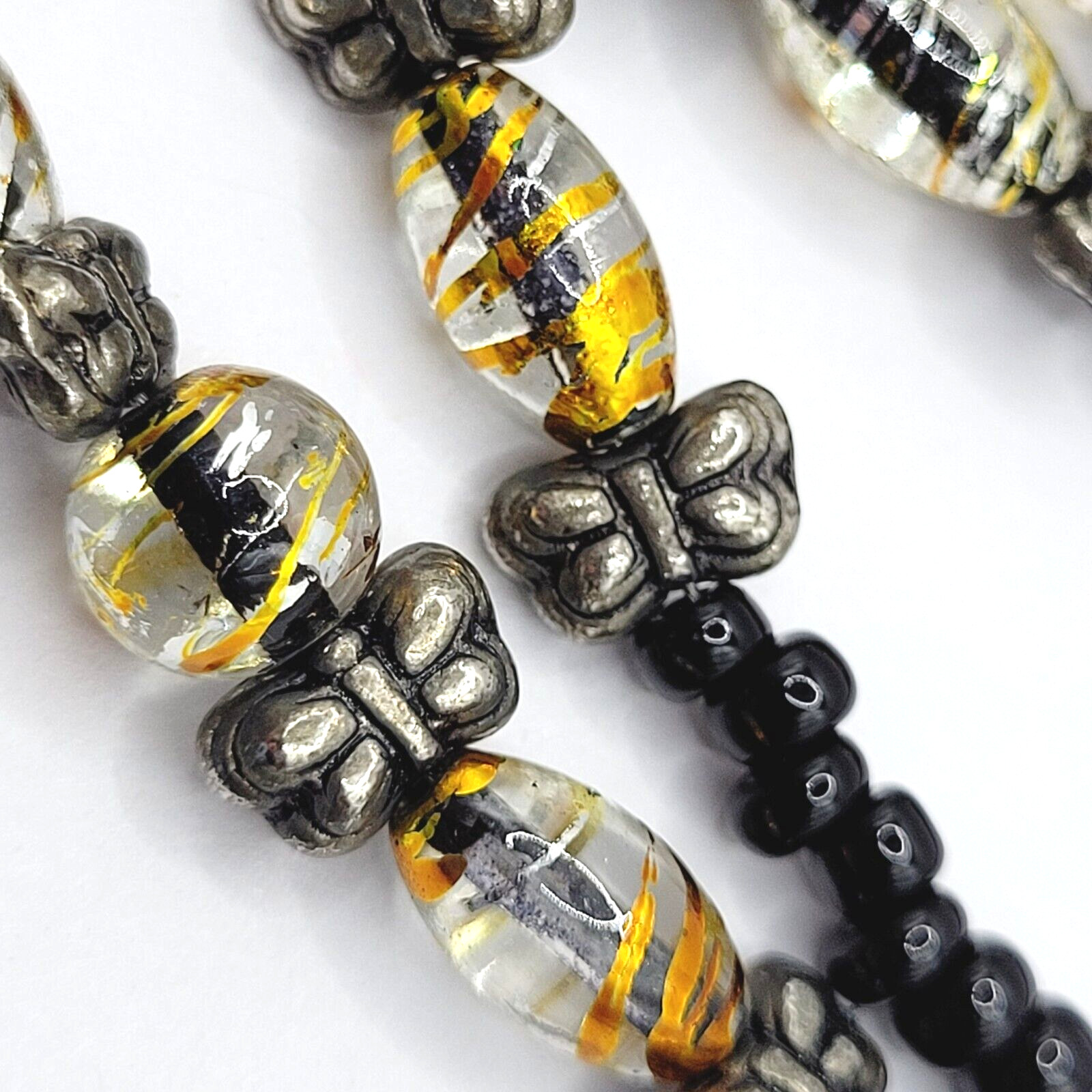 Handcrafted Art Glass Splatter Bead w Black Silver Tone ID Badge Holder Necklace