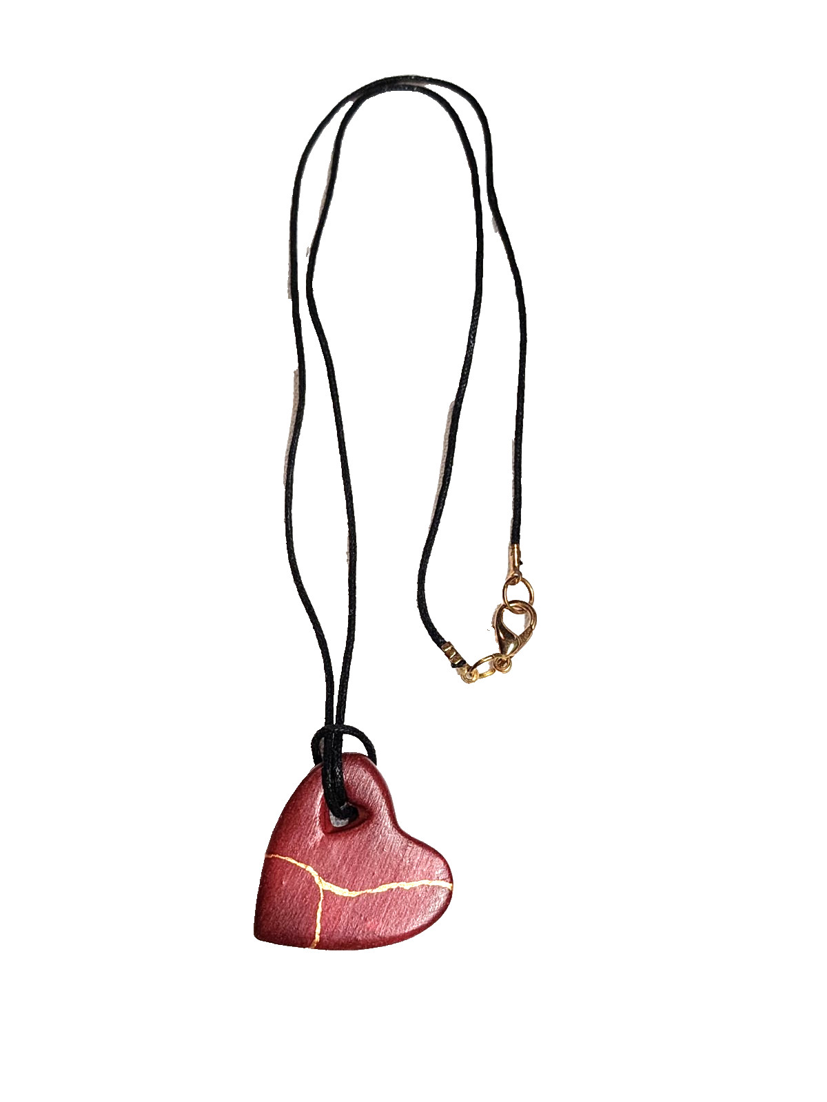 Wooden Red & Gold Painted Heart Pendant Necklace Artisan Handcrafted 19″ Black