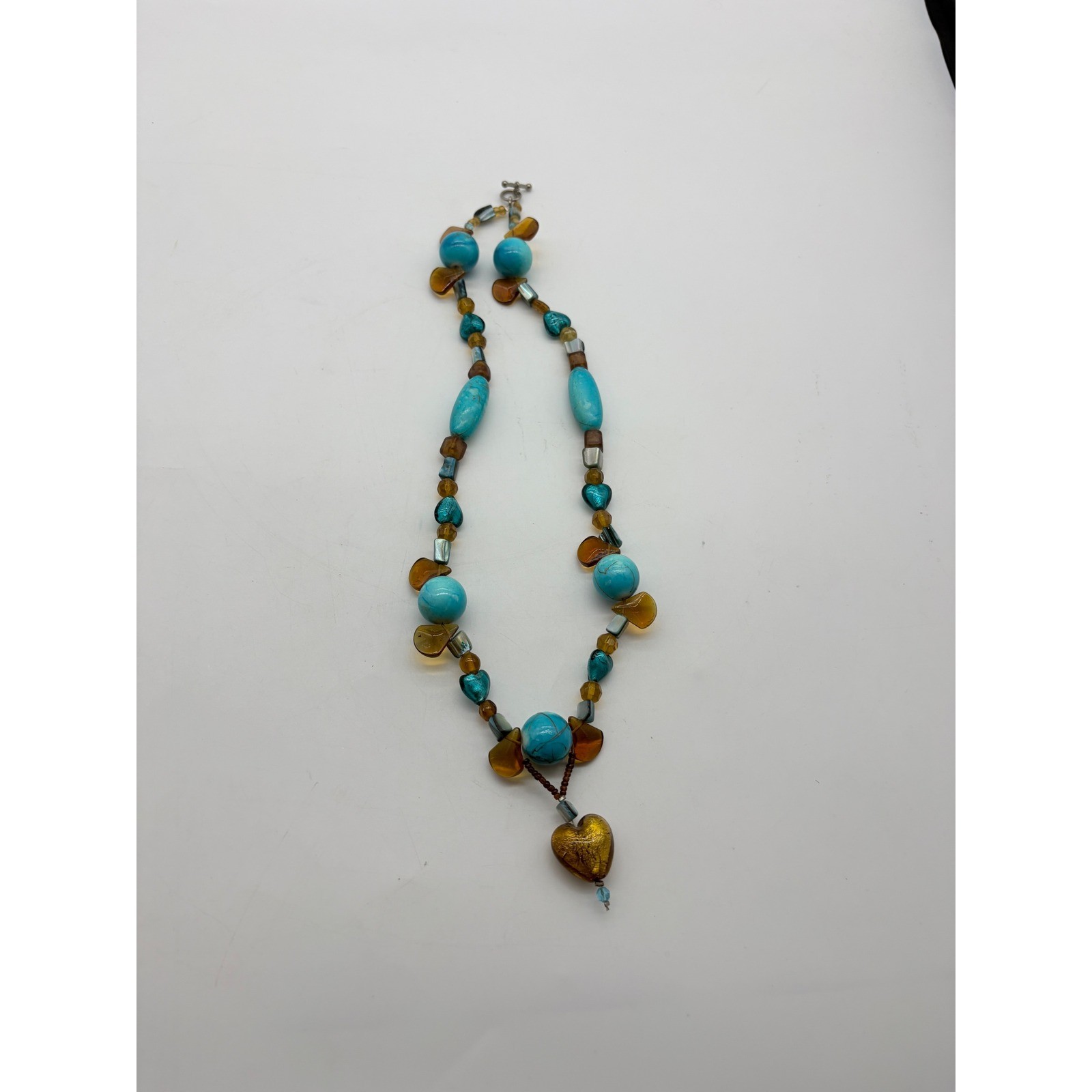 Artisan Beaded Heart Necklace Turquoise Warm Glass Gold Fleck Pendant 26 In