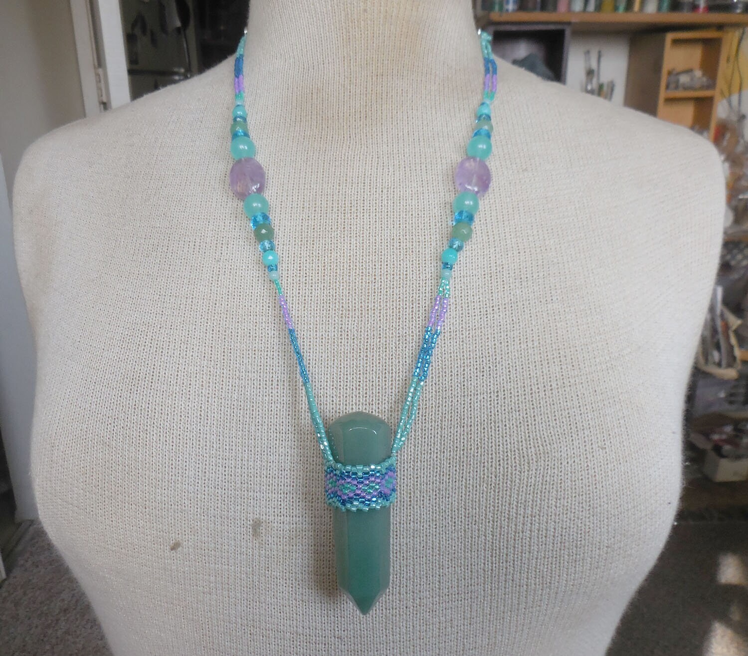 Aventurine Massage Wand Beaded Necklace with Amethyst Amazonite Gemstone Beads