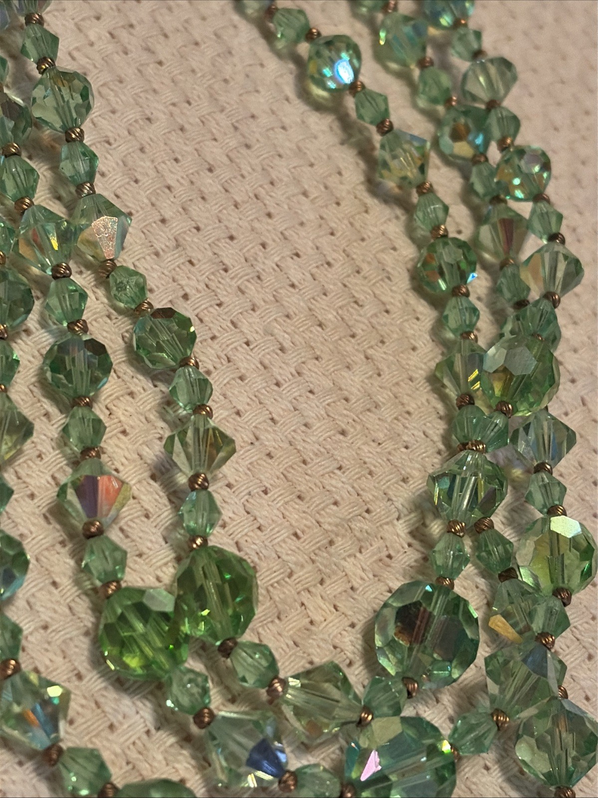 gorgeous necklace Green Colored Aurora Borealis 3 Strand 16 Inch