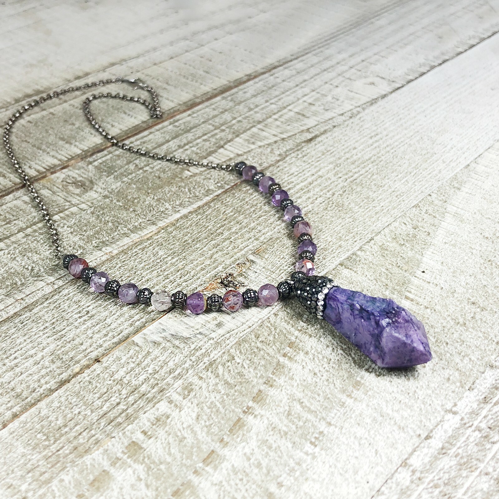 Purple Quartz Crystal with Rhinestone Bail and Faceted Phantom Quartz Beads