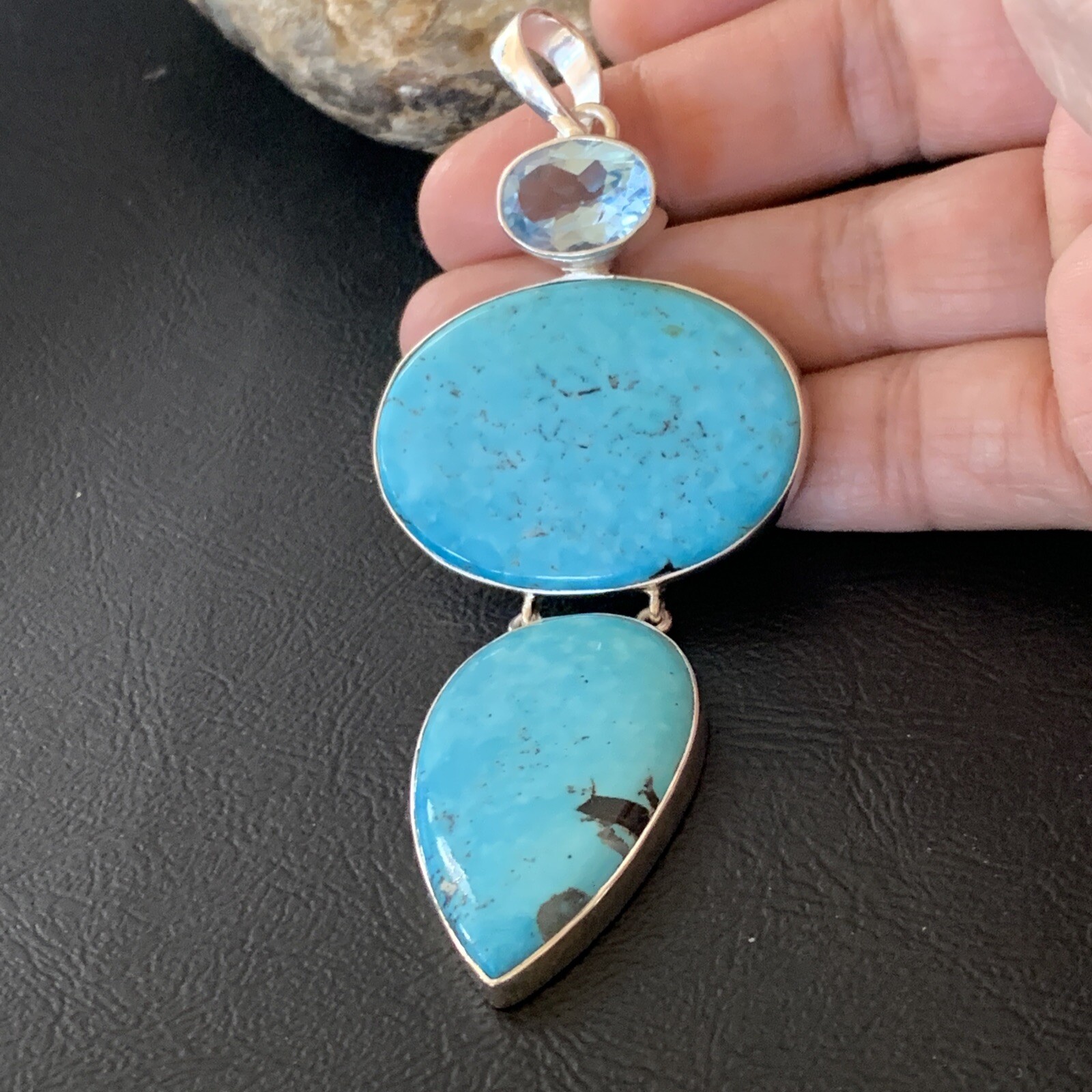 Blue Topaz & Turquoise Navajo Sterling Silver Inlay Earrings 3.5″ 12024