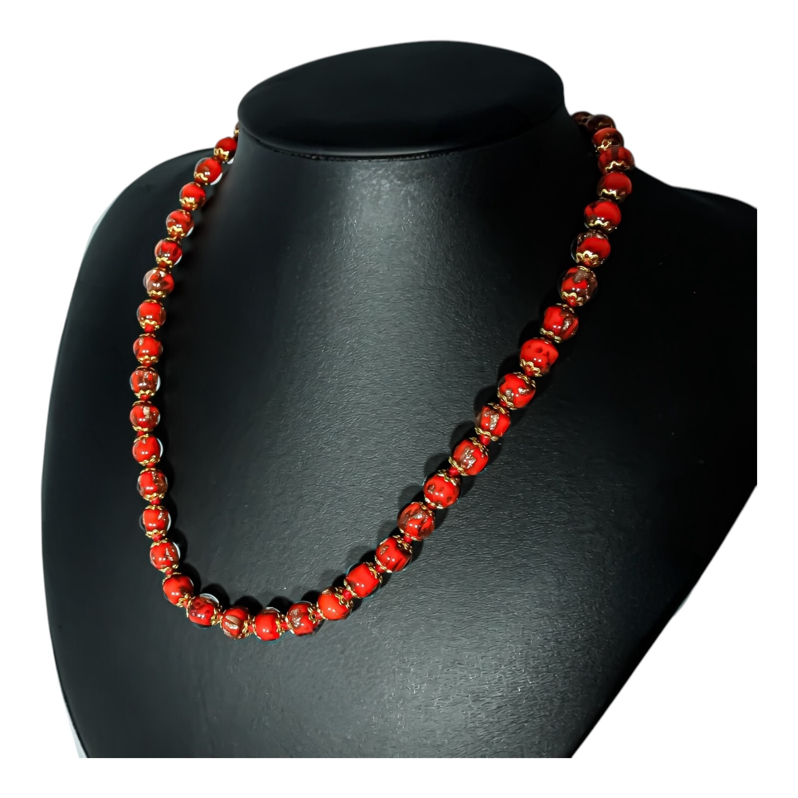 Murano Glass Necklace Red Bronze Gold 42 Beads 46cm Venice Sommerso