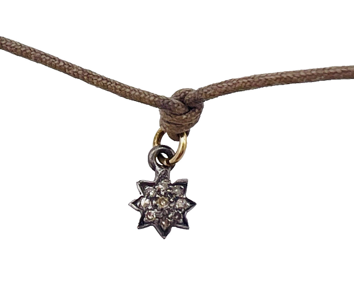 La Soula Sterling Silver Pave Diamond 8 Point Star Layering Necklace Tan Cord