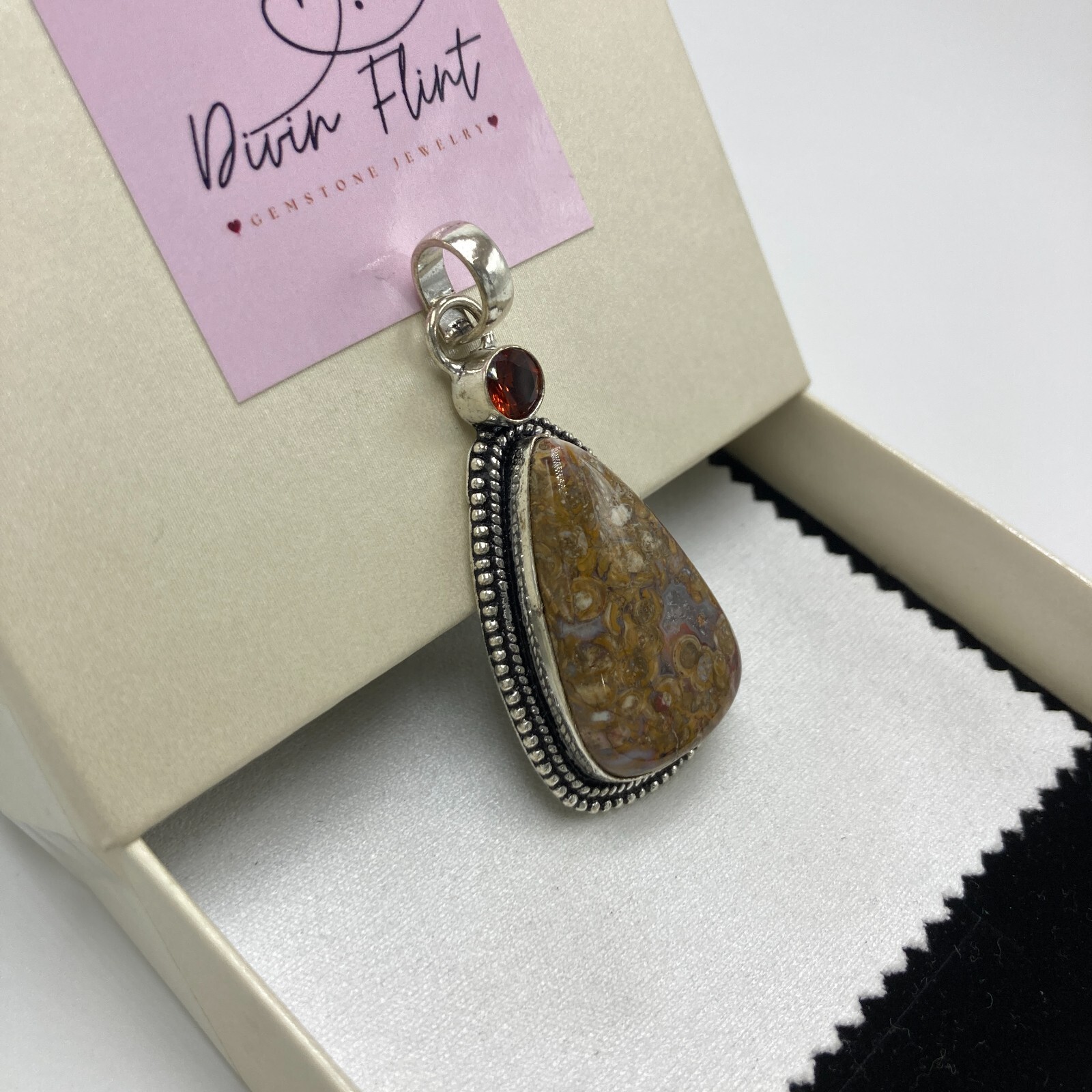 Palm Root Agate Garnet Pendant Necklace 925 Sterling Silver 2.3″ FREE CHAIN
