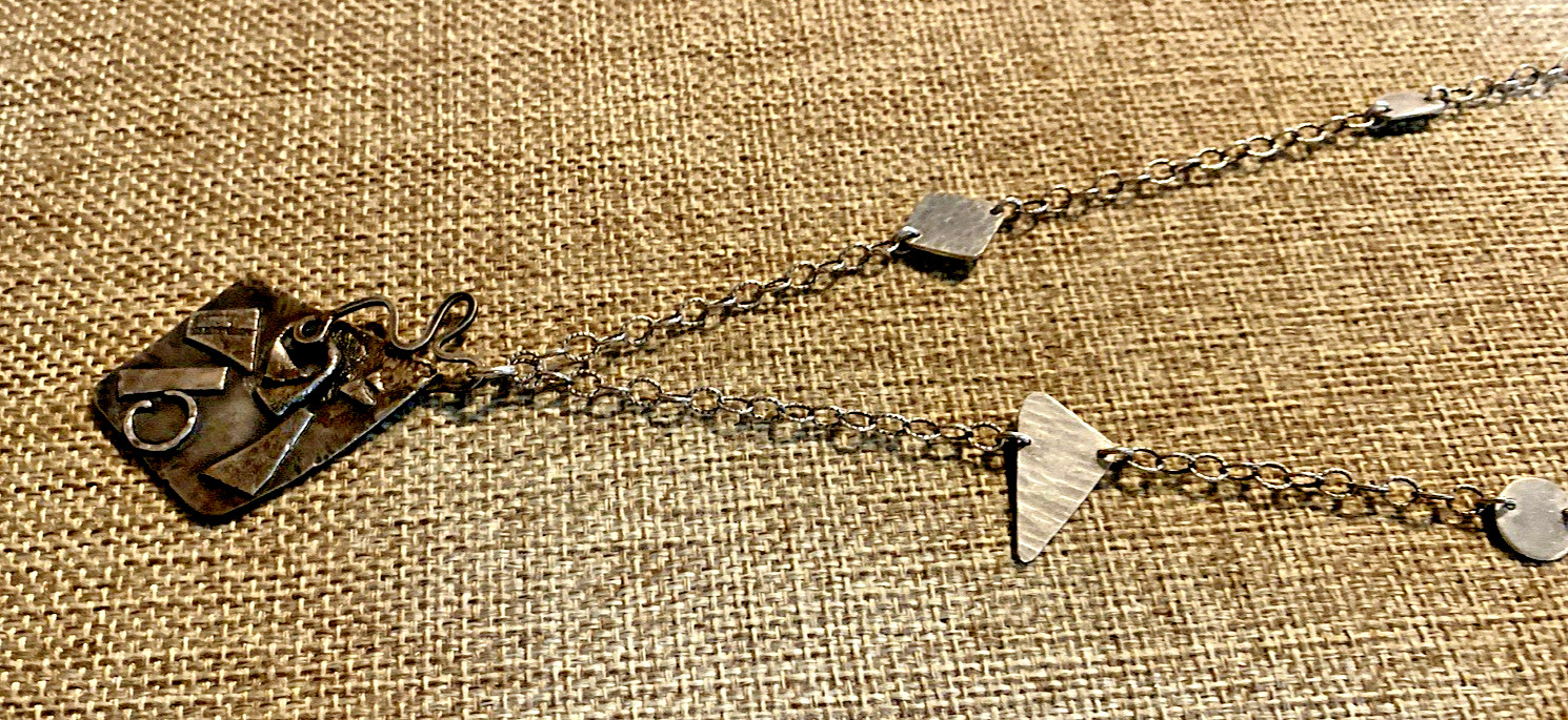 Unique Artisan Sterling Silver Brutalist Abstract Pendant & Chain Necklace 20″