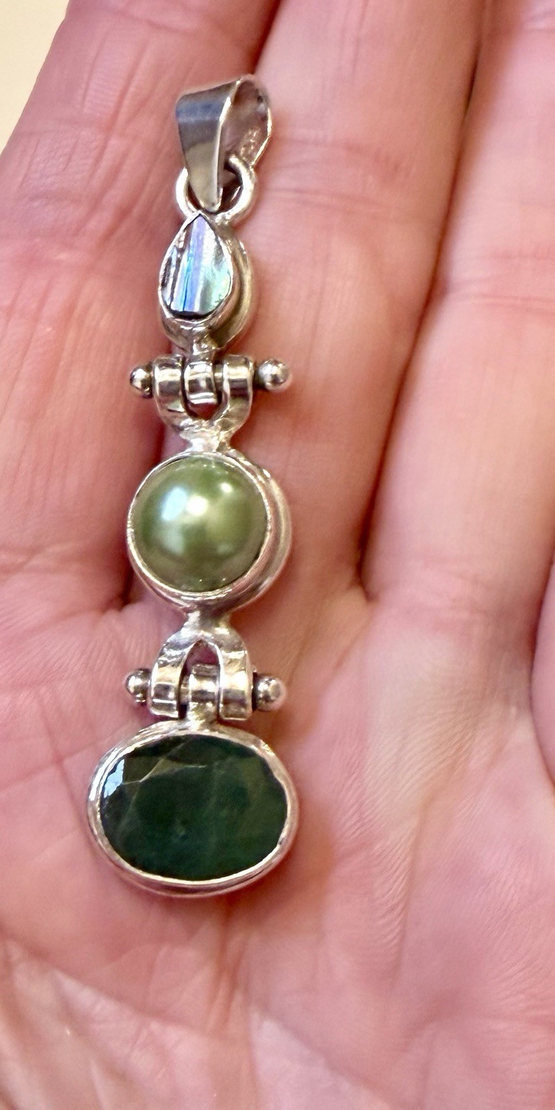 Boho/Art Deco Emerald, Labradorite & Pearl Pendant In Sterling Silver