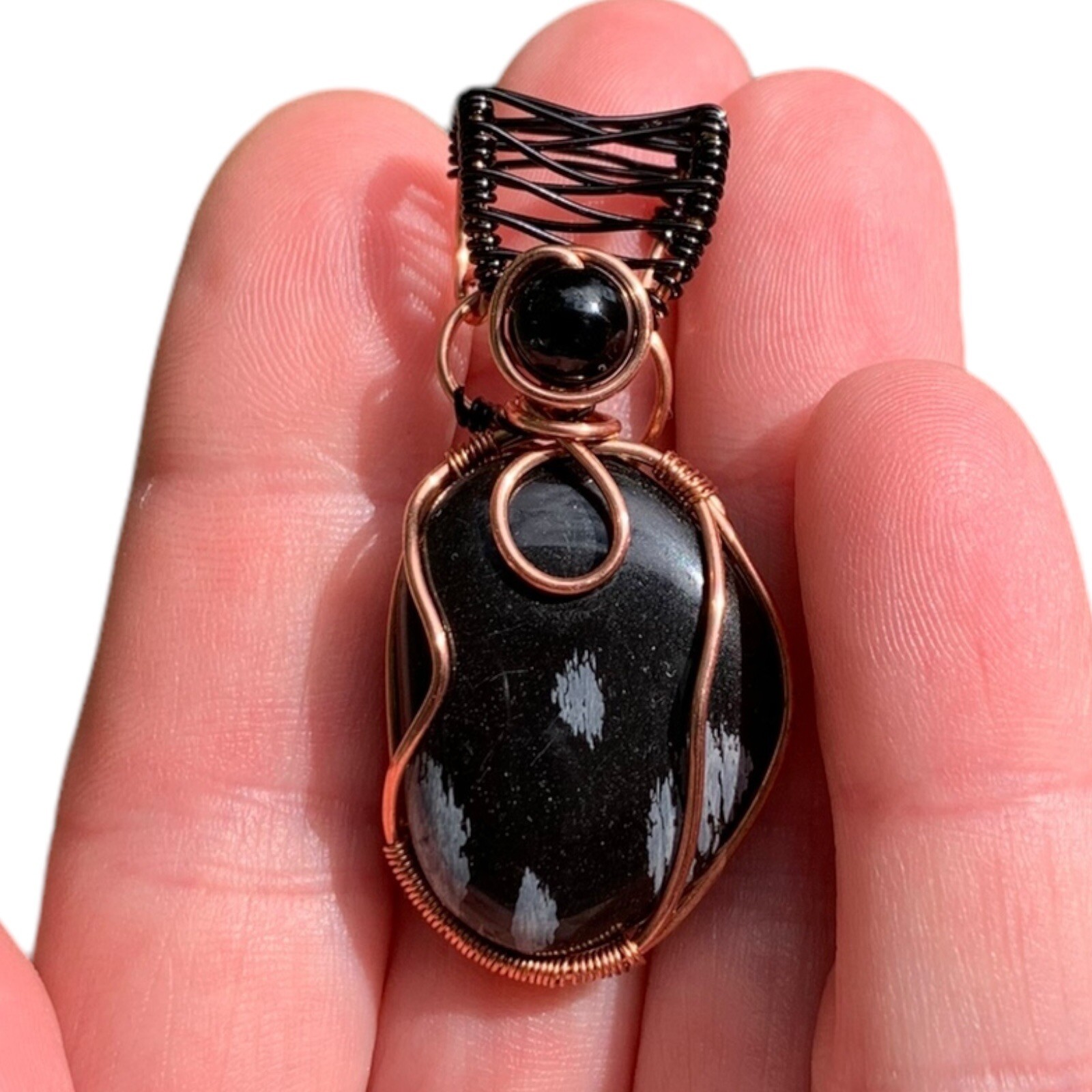 Snowflake Obsidian Black Onyx Wire Wrap Pendant Copper Unisex Protection Gift
