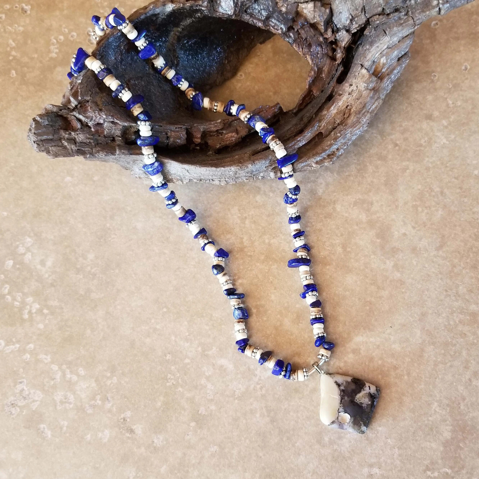 Natural Marble Stone Pendant on Lapis and Coconut Shell Embellished Necklace