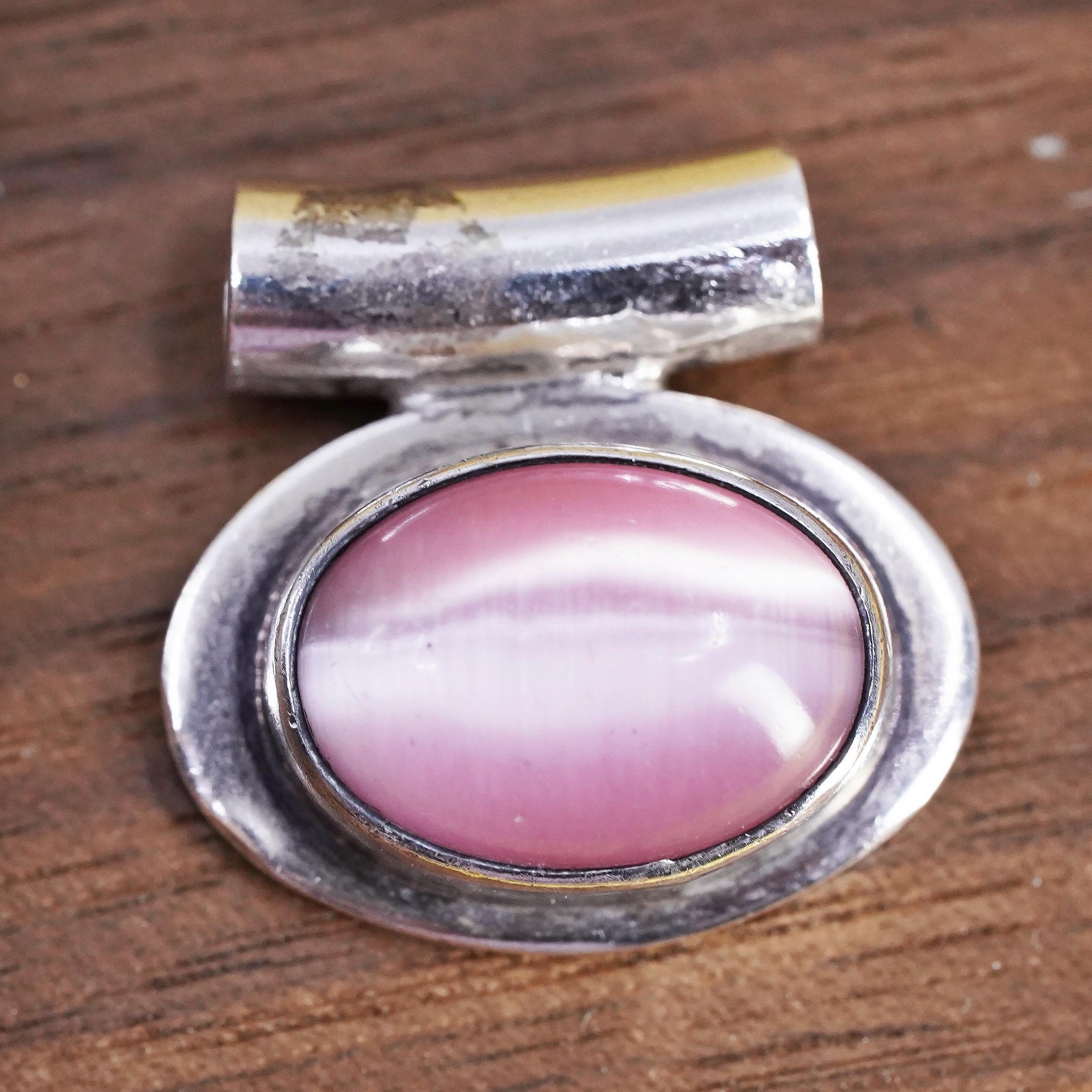 Vintage Mexican Sterling 925 silver handmade pendant pink cat’s eye pendant