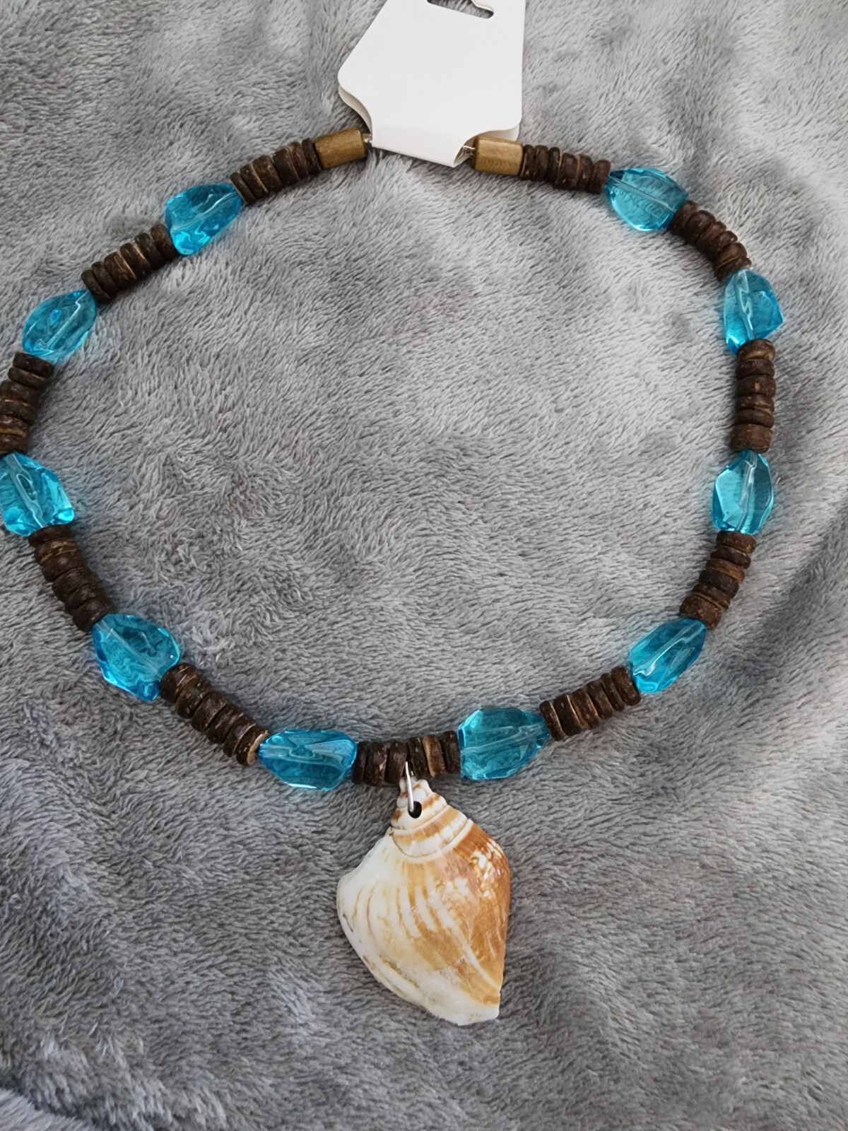 Handcrafted Beach Necklace, Shell Pendent With Turquoise Chips In Resin