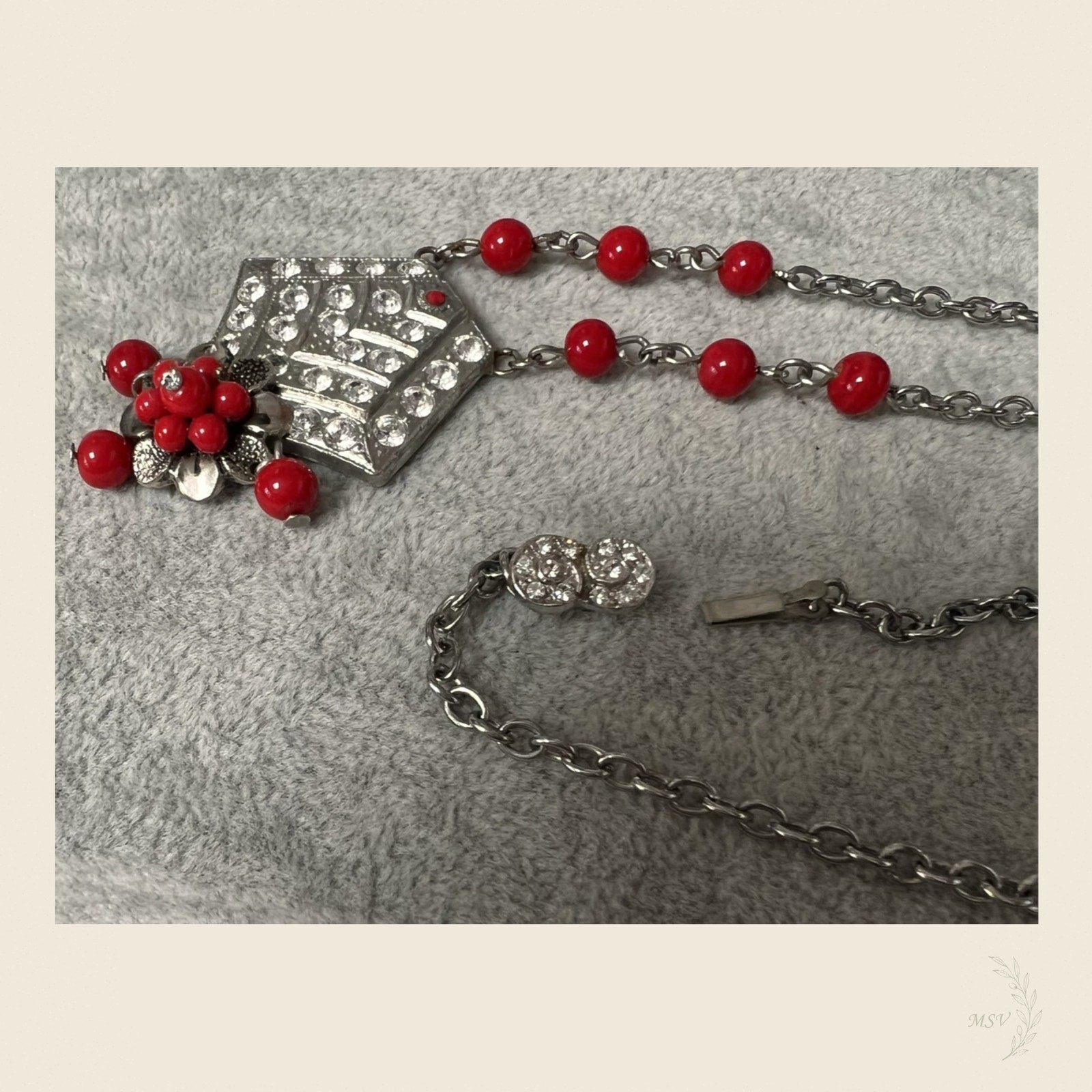 Artisan Vintage Dress Clip Necklace Deco Style Cherry Red Rhinestone