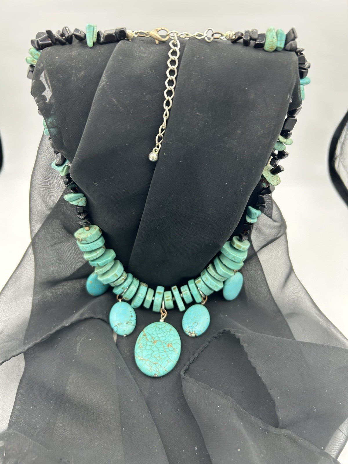 Genuine Turquoise & Black Spinel Beaded Necklace W/charms And Pendant 22” 4”ext