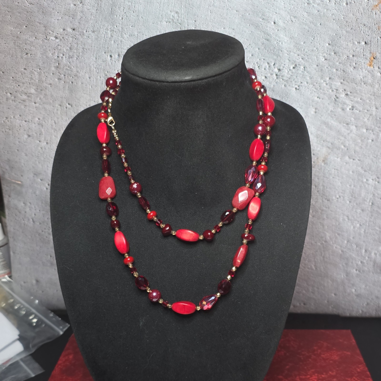 Multicolor Beaded Necklace Glass Wood Lariat Hook Closure Red Brown Unisex