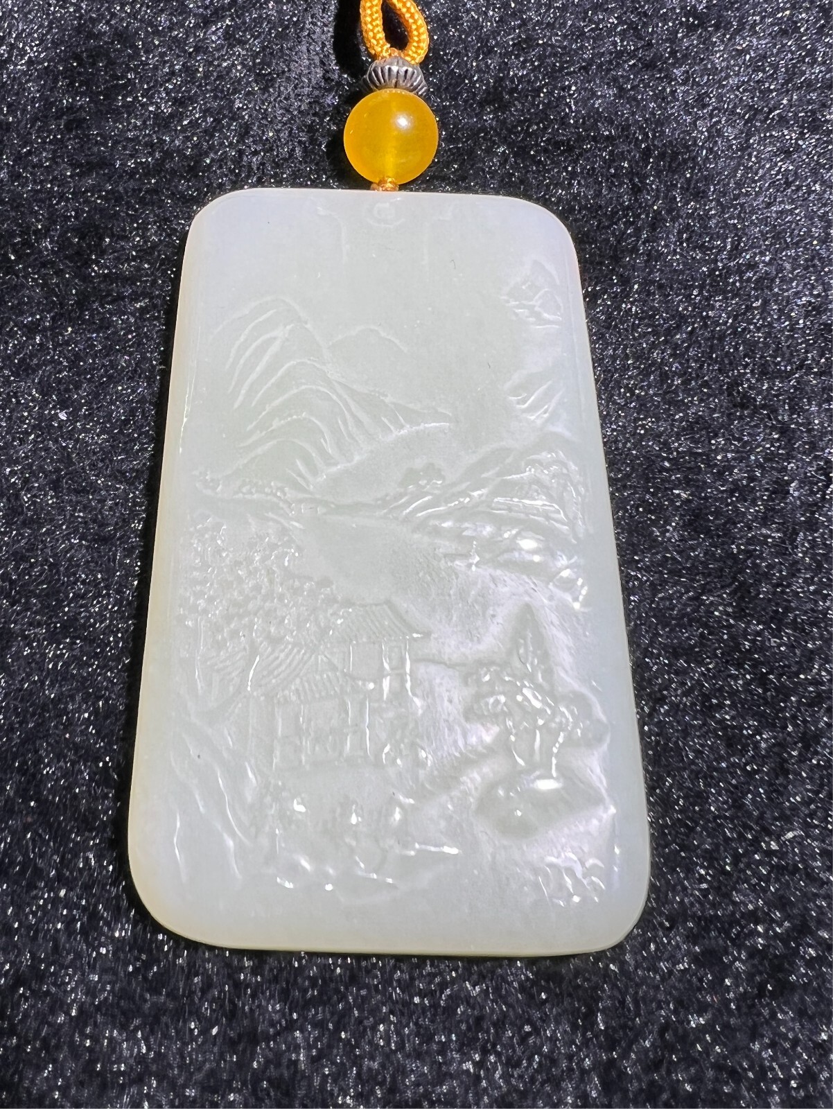 Carved Chinese Hetian Jade Pendant (64g, 72/42/9 mm) – “Chinese Landscape”