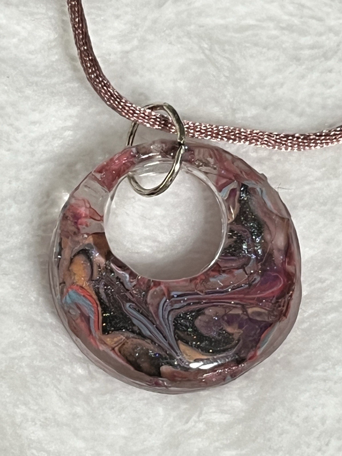 24“ Multicolored, Glittery, Swirled Resin Pendant On Satin Cord & Lobster Clasp