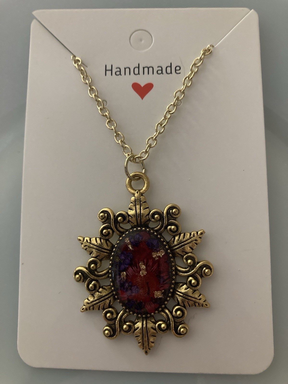 Necklace With Real Red/purple Pressed Flowers In Gold Color Pendant