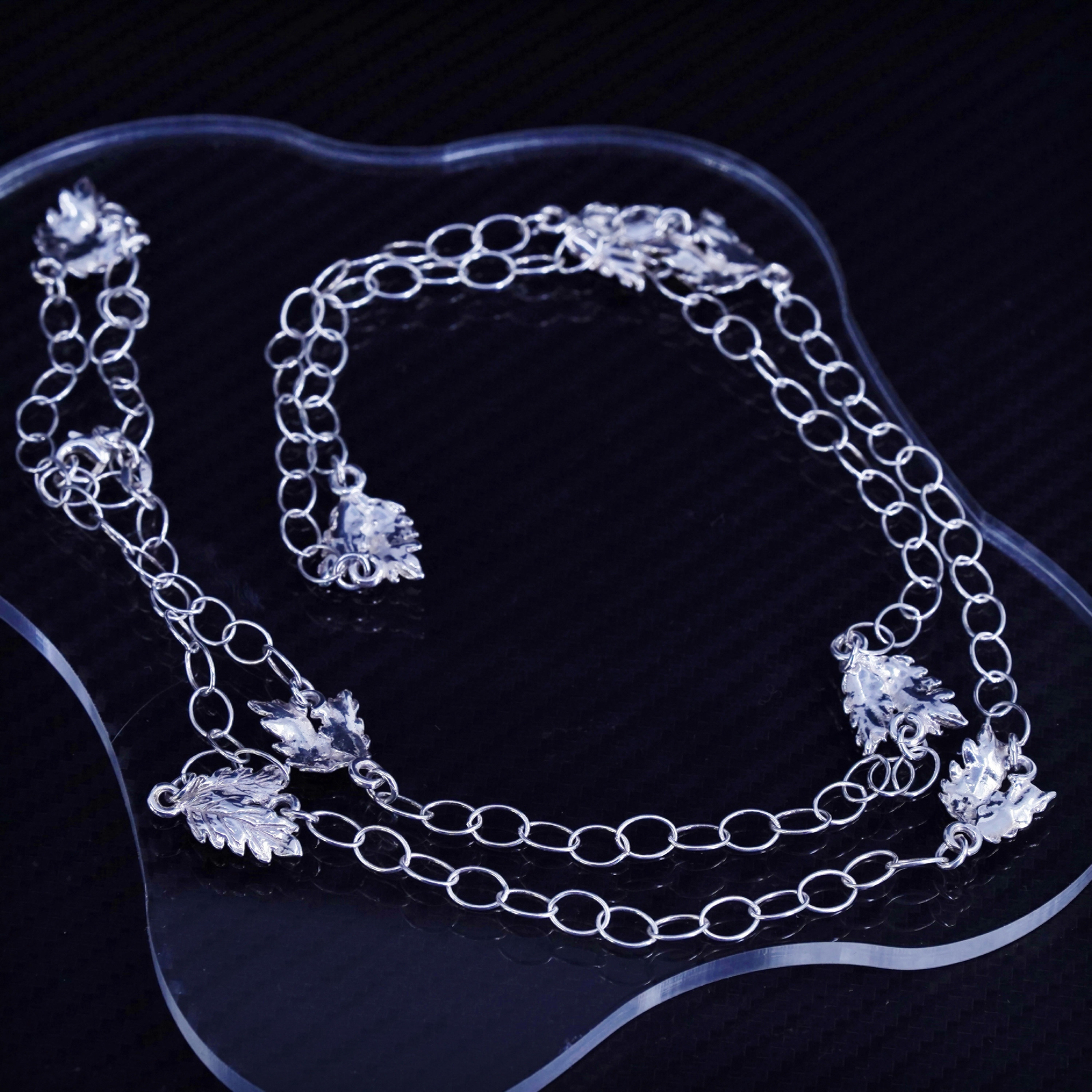 36”, southwestern sterling silver 925 extra long oval sweater necklace leaves