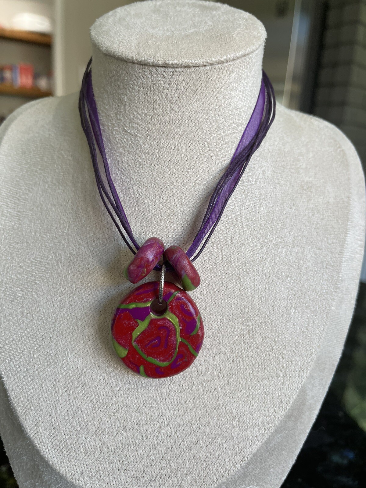 Artisan OOAK Red Purple Green Polymer Clay Ribbon Necklace NWT Modern Elephant