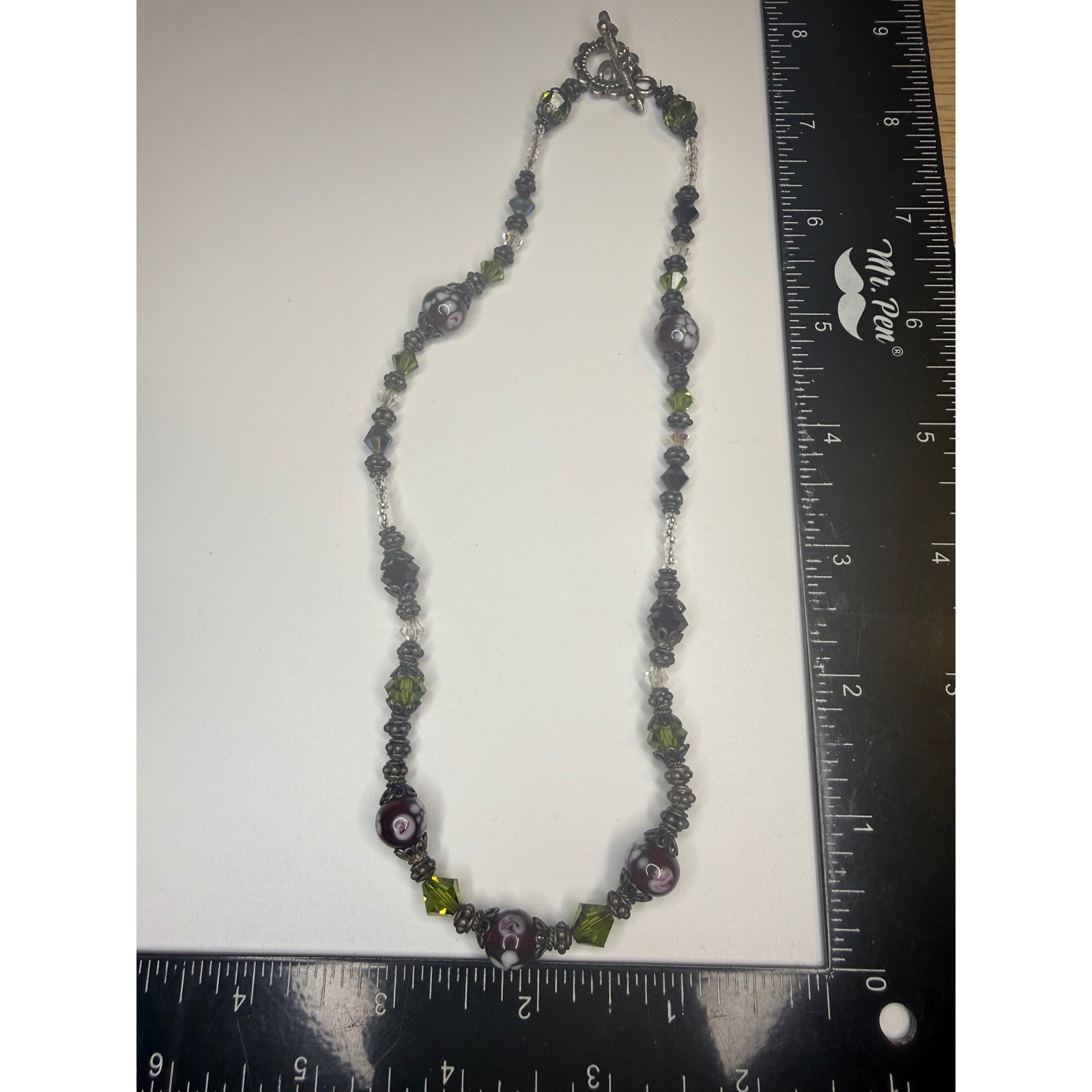 Handmade Lampwork Glass Beaded Necklace Plum Green Silver Tone Toggle Clasp 18″