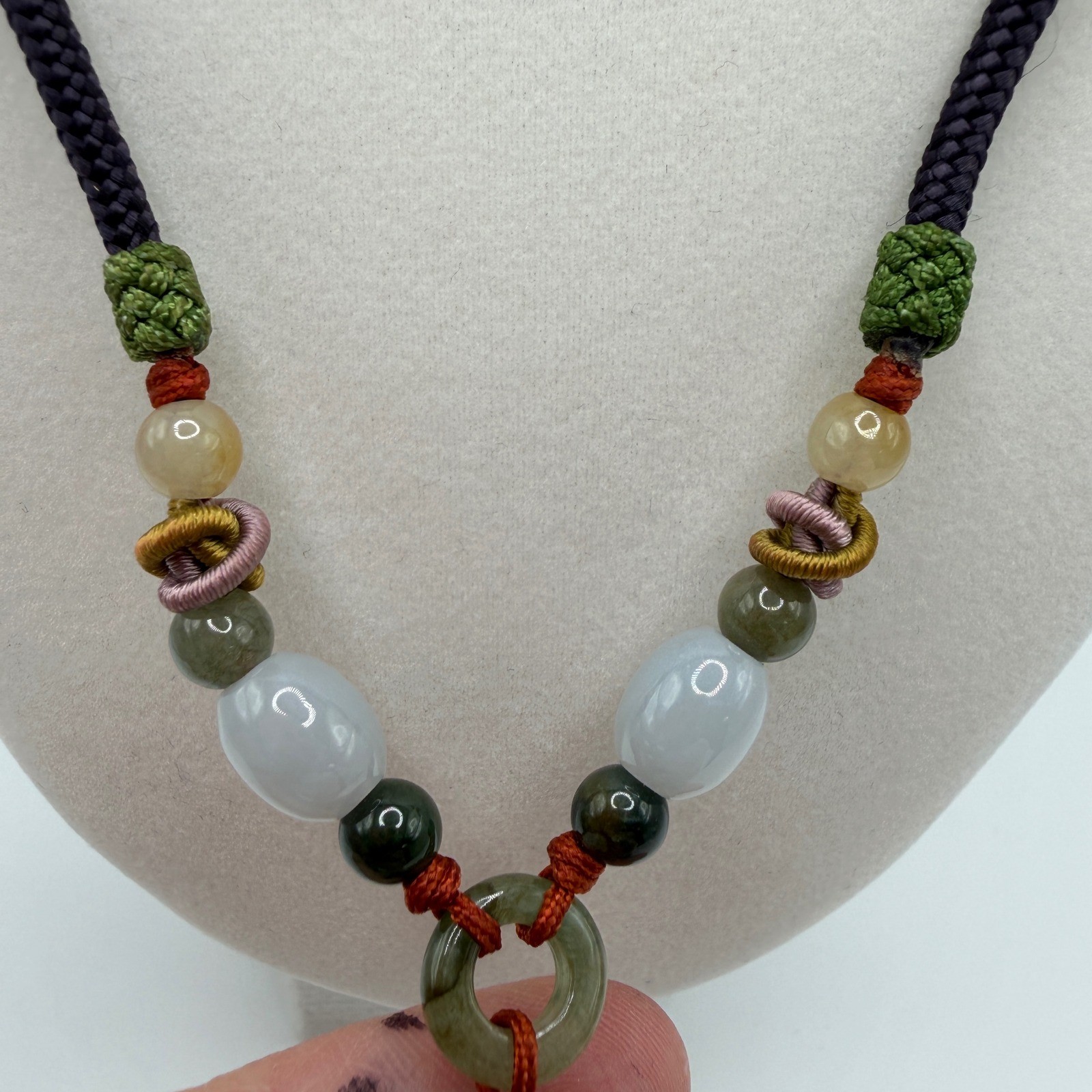 Carved Green Burmese Jadeite Jade Leaf Pendant Black Silk Cord Mixed Beads