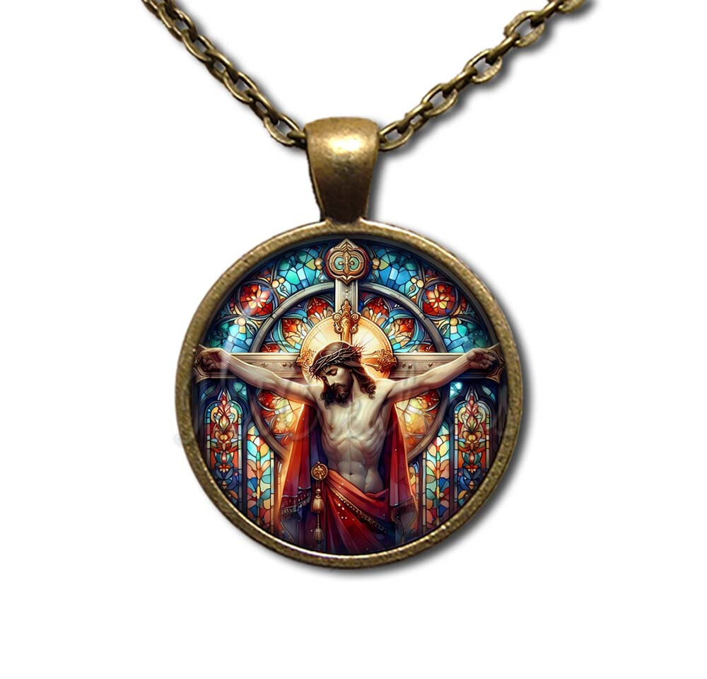 Easter Paska Jesus on Cross Religious – Handmade ROUND Glass Pendant Necklace