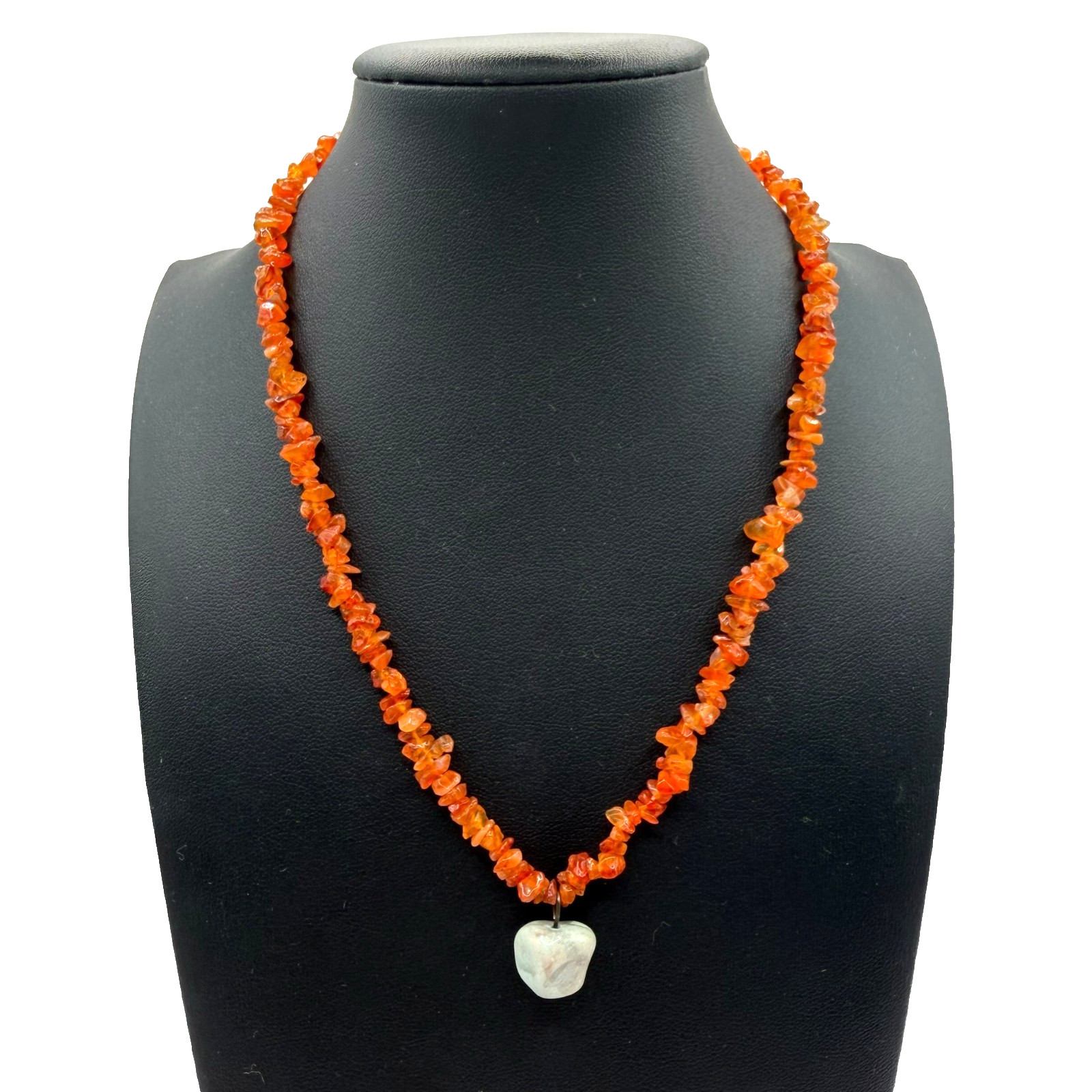 Orange Carnelian Agate Chip Beaded Necklace 16″ w Green Stone Pendant BOHO