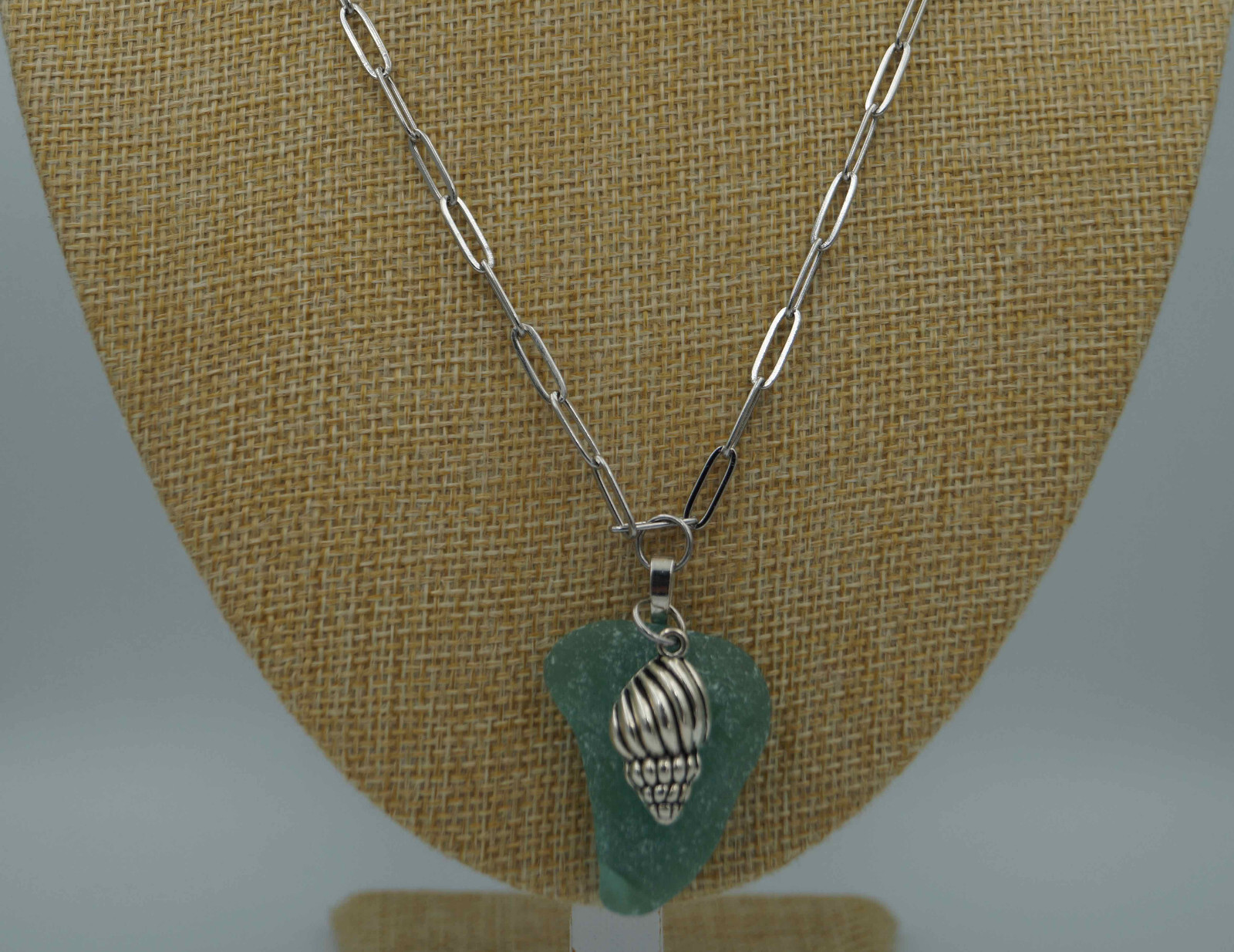 Sea Glass Piece & Sea Charm on Paperclip Stainless Steel Chain (P#137)