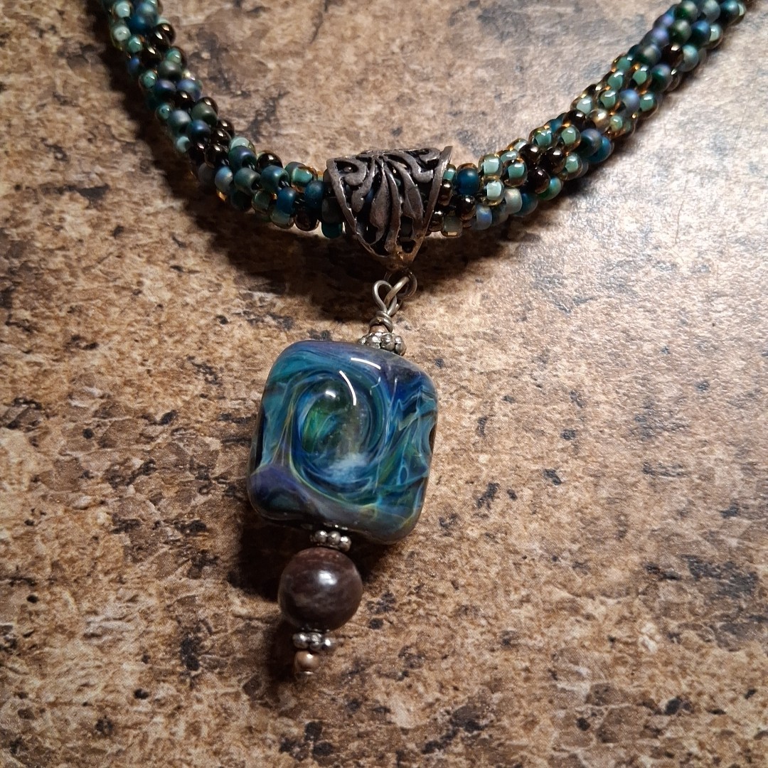Unique Blue, Black & Green Glass Beaded Vtg Necklace W/Pendant