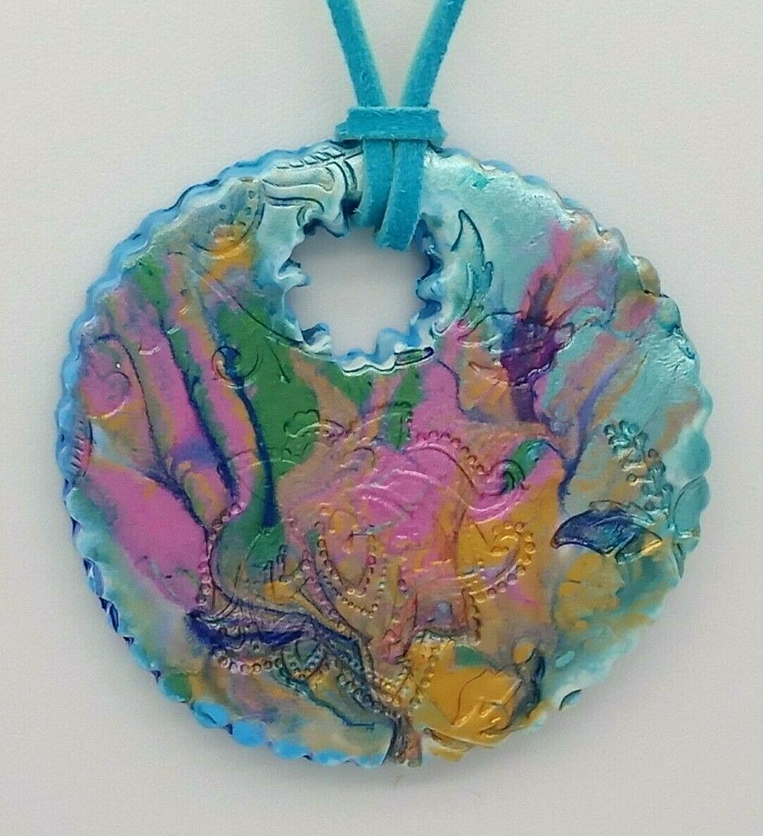 Handmade Polymer Clay Pendant Necklace Flower Design Blue Pink Yellow Artisan