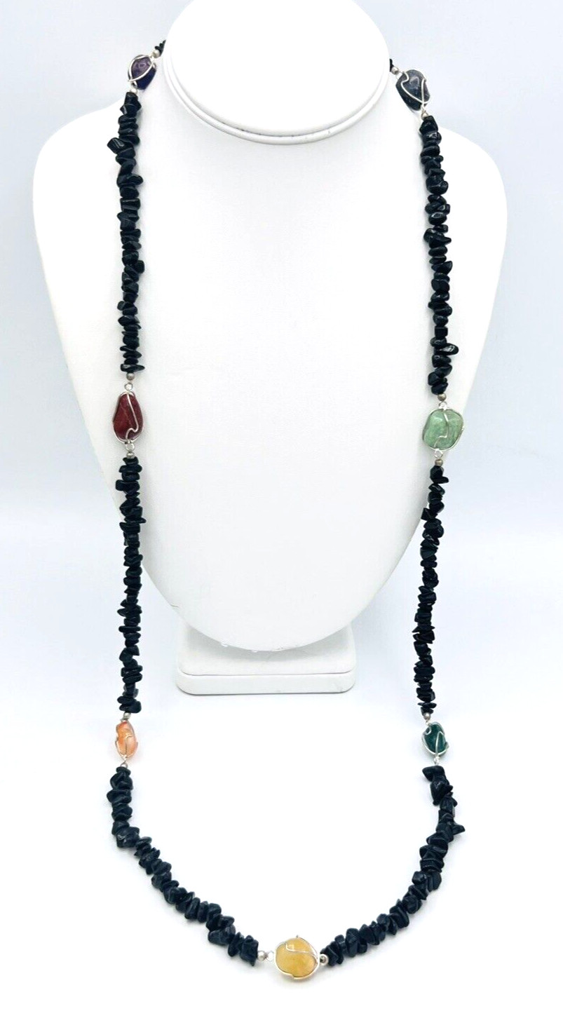 Beaded Black Onyx Chip Wire Wrapped Gemstone Necklace 38 in