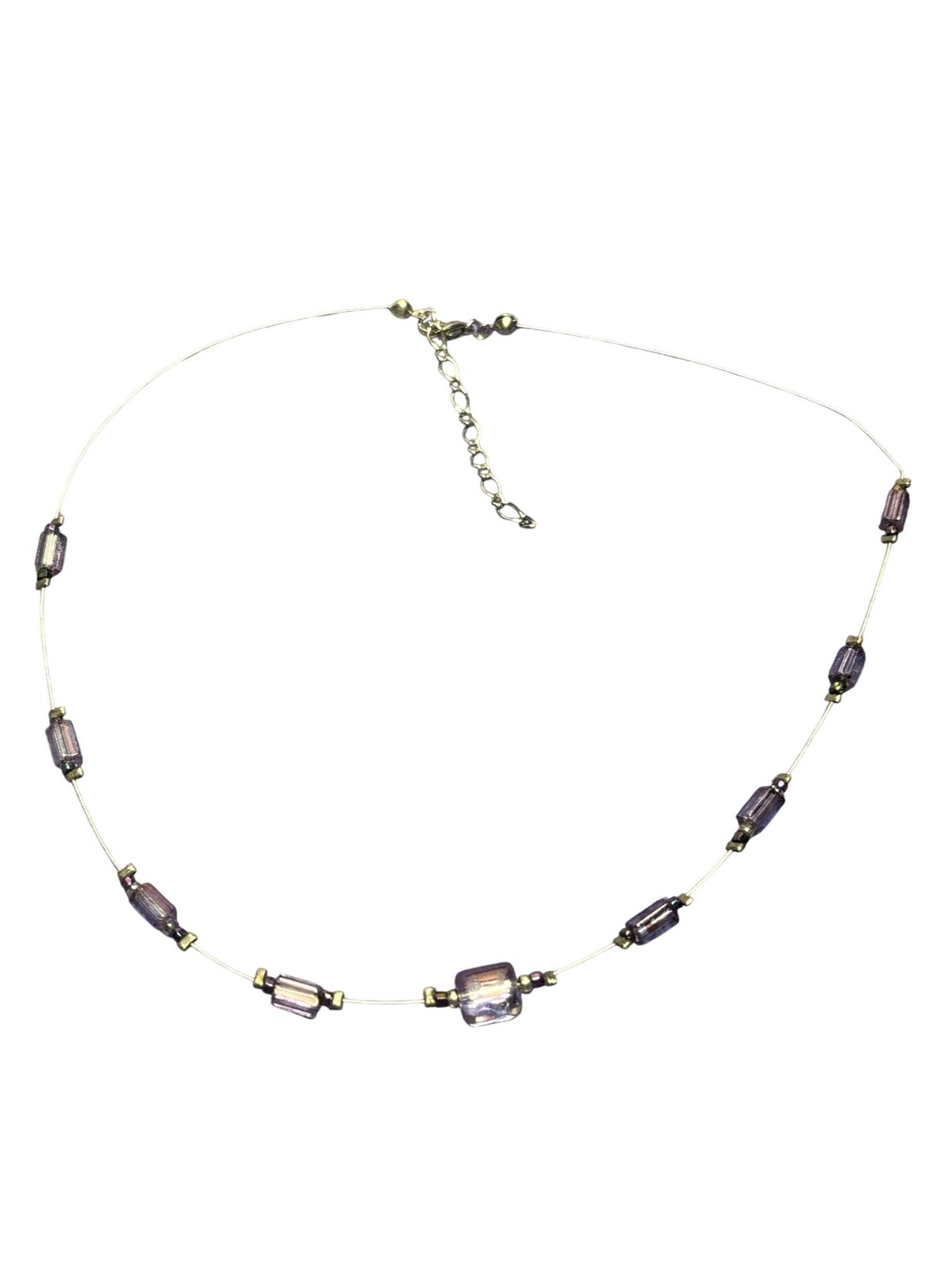 Purple Glass Beaded Silvertone Wire Necklace Dainty Minimalist 15 – 17 inches