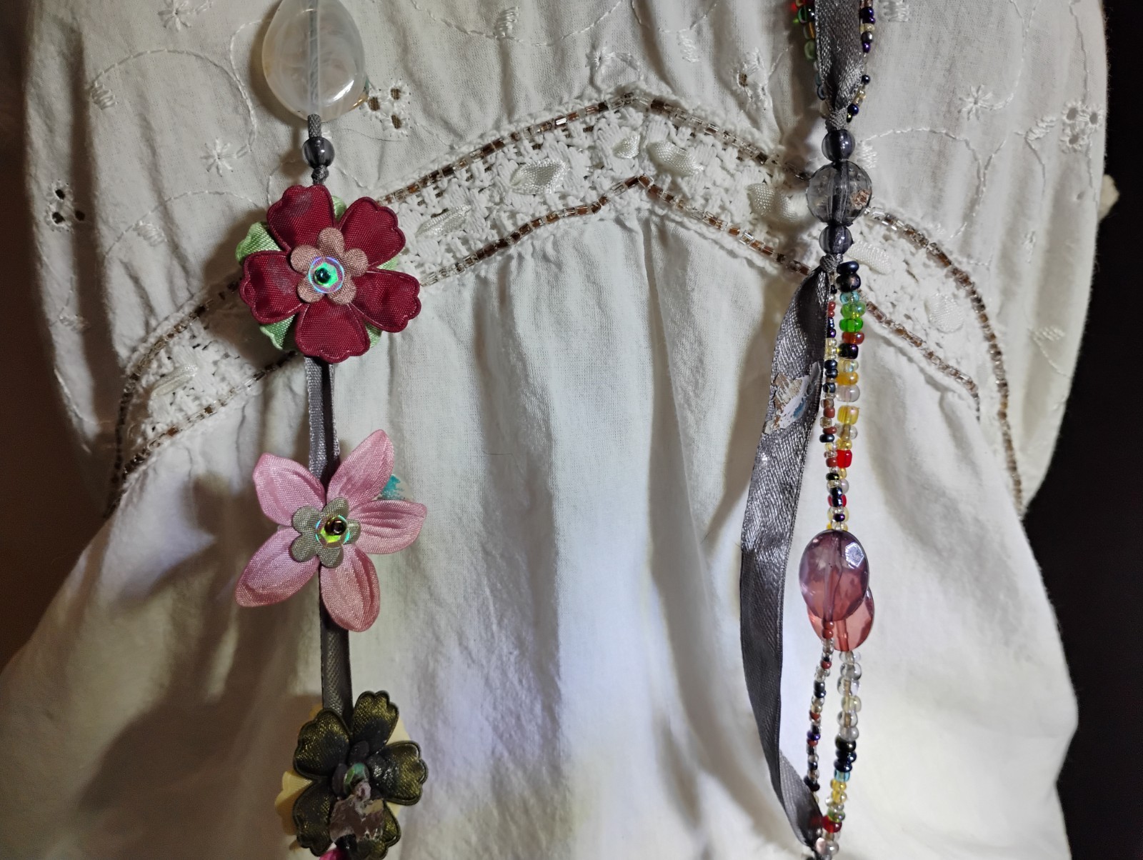 Unique Handmade Ribbon & Rainbow Bead Jewel Tone Floral Lariat 53″ Necklace