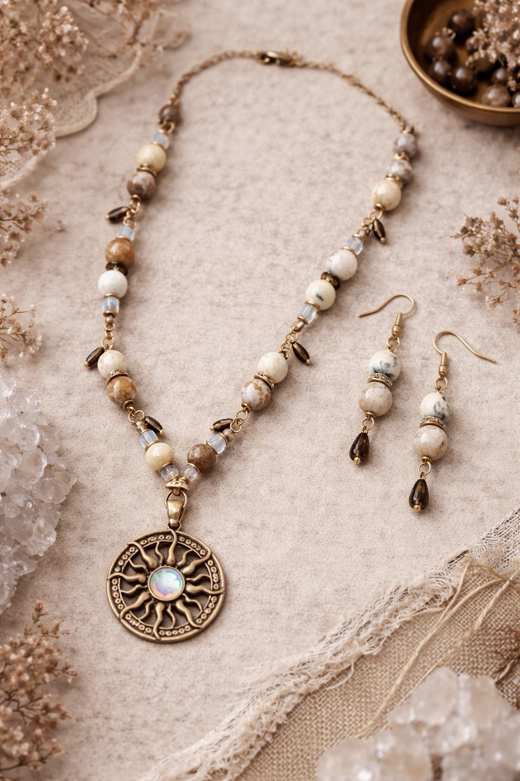 Handmade Dendritic Opal Smoky Quartz Necklace Earring Set Brass Sun Pendant