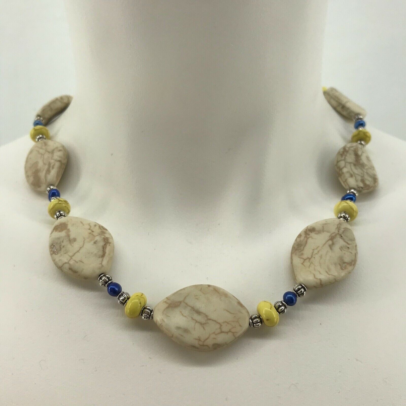 Handmade Necklace Large White & Yellow Magnesite Beads with Blue Pearls Silver