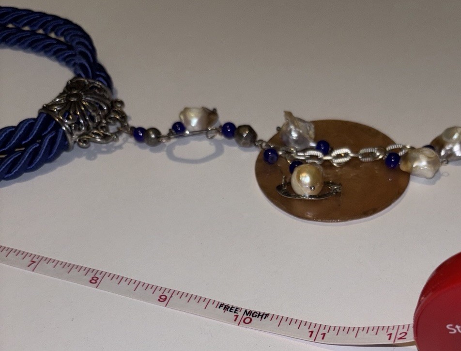 Artisan Royal Blue Rope Necklace With Metal Finishes, Pearls And Shell Pen 24in