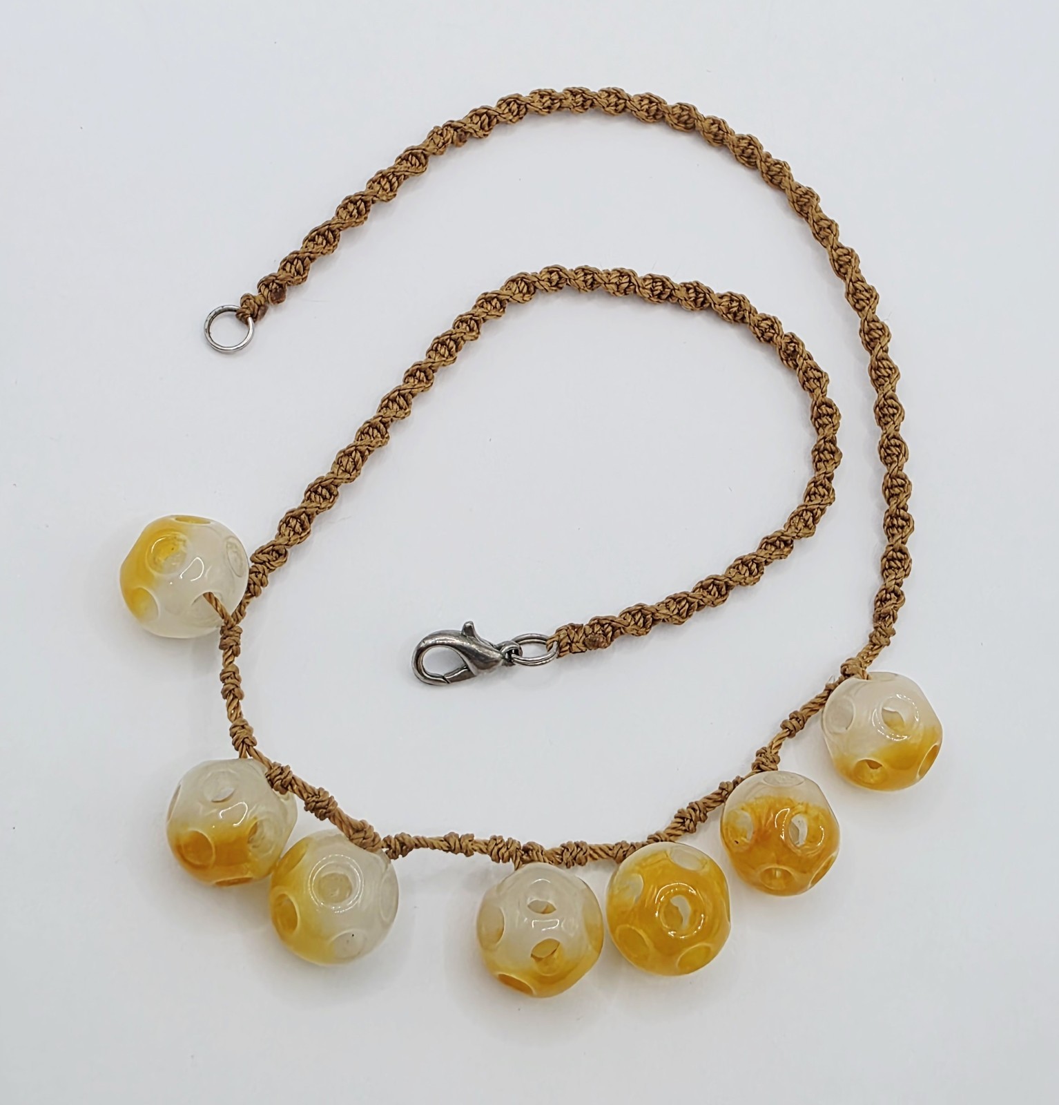 Cord Necklace With Yellow White Stone Carved Beads 17″