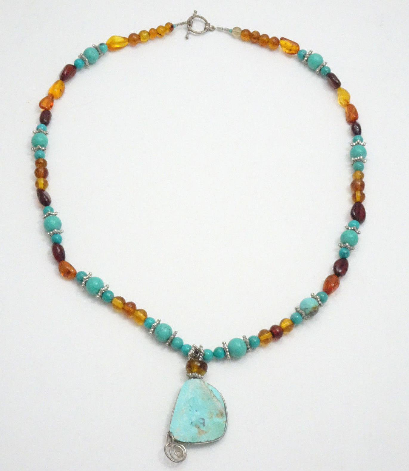 Beaded Turquoise & Amber Gemstone w/ Turquoise Pendant Statement Necklace