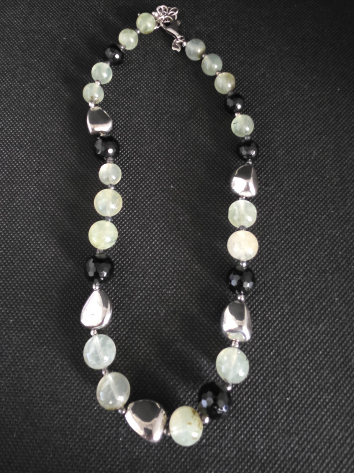 Natural Prehnite Bead Sterling Silver Nuggets Onyx Beads 16″ 2″ Ext Signed J&T