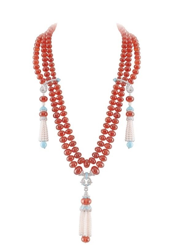 Orange Coral & Pearl Tassel Necklace 925 Fine Silver Three Strand Women Jewelry